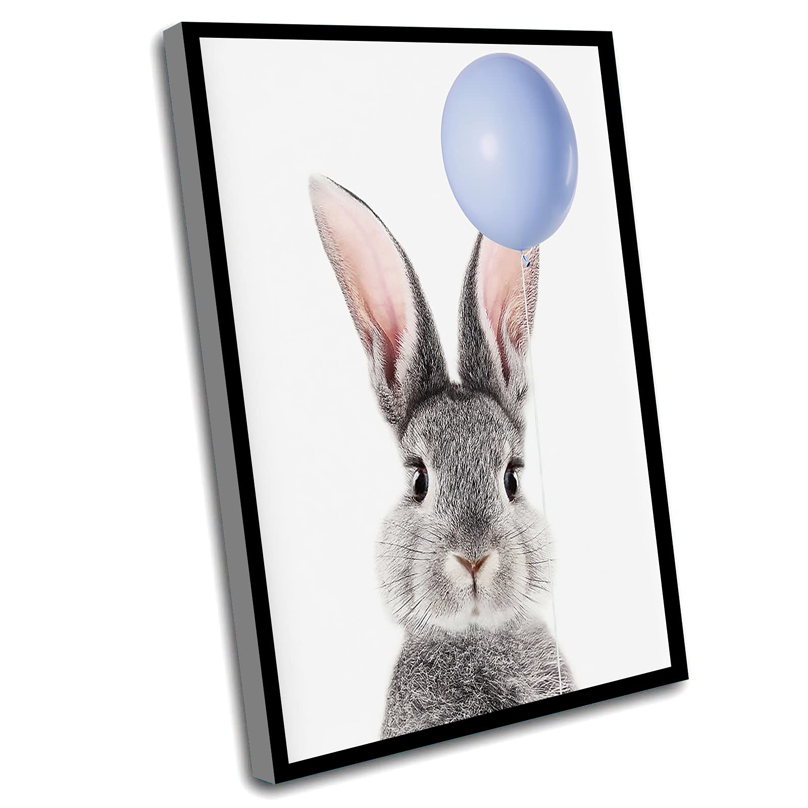 Boys Room Decor - Nursery Canvas Wall Art for Baby Boy, Bunny with Blue Balloon & Grey Rabbit Print, Woodland Animal Art, 12x16 Inch Framed Wall Art - Perfect for Nursery, Kids Room & Baby Shower Gifts