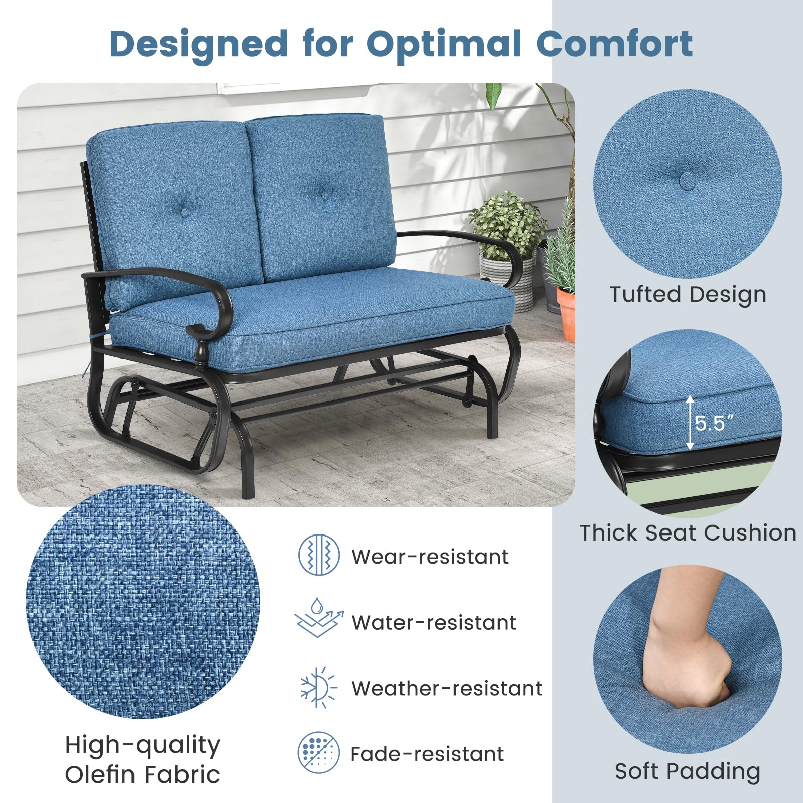 **Tangkula 2-Person Outdoor Swing Glider Chair - Patio Loveseat with Steel Frame & Comfortable Cushions - Perfect for Garden, Porch, Balcony, Poolside (Blue) - Relaxing Outdoor Seating for Couples**