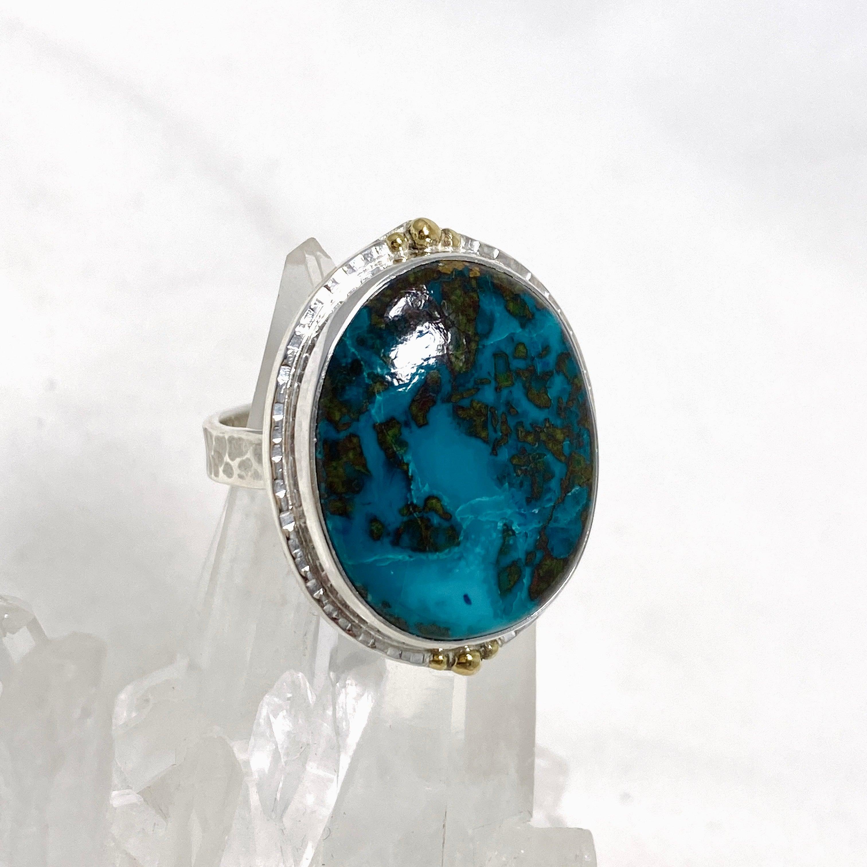 Chrysocolla and Shattuckite Oval Ring with Brass Accents - Size 11 - KRGJ3226 - Perfect for Boho Jewelry Lovers & Spiritual Healing