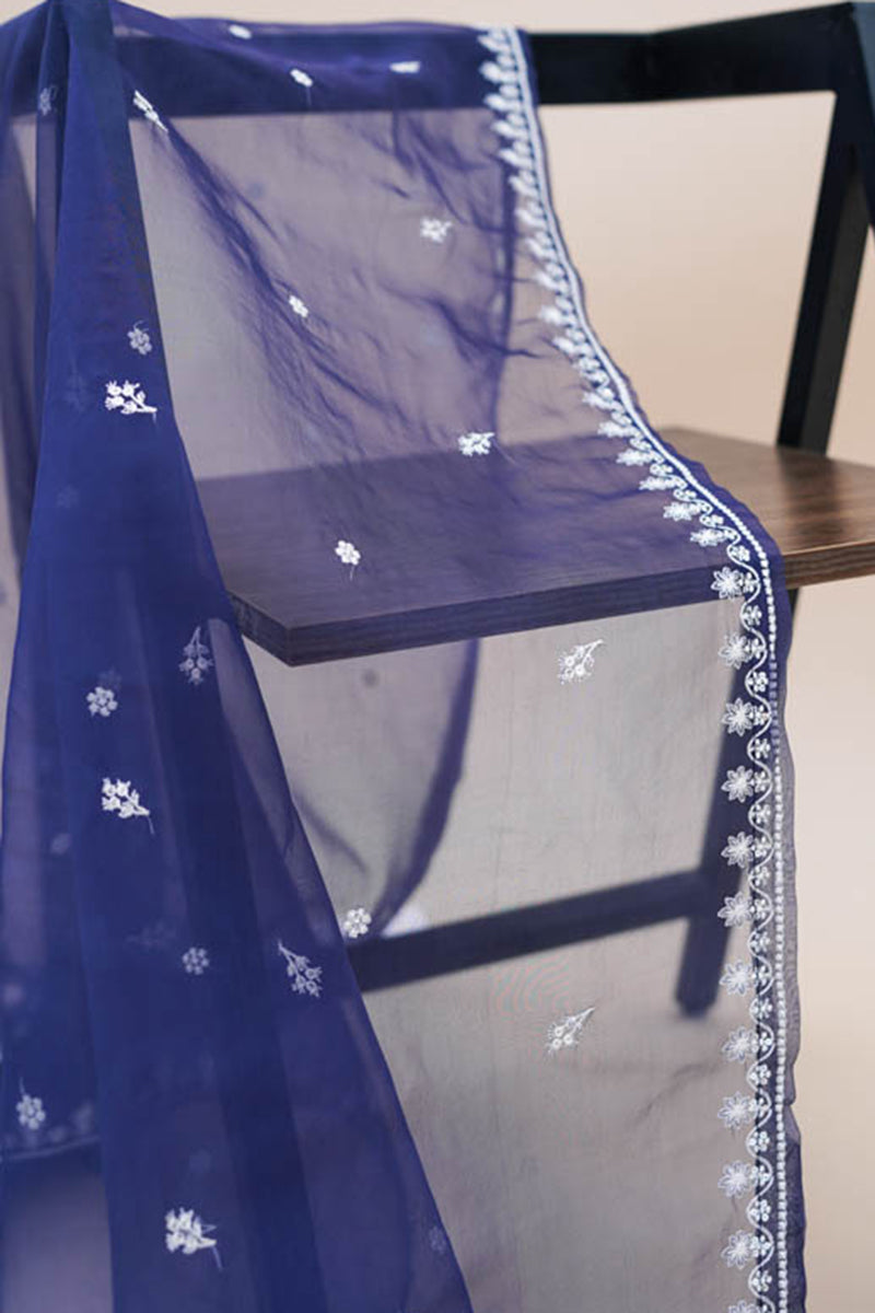 Elegant Medieval Blue Organza Embroidered Dupatta Scarf - Perfect for Weddings, Parties & Boho Fashion Outfits