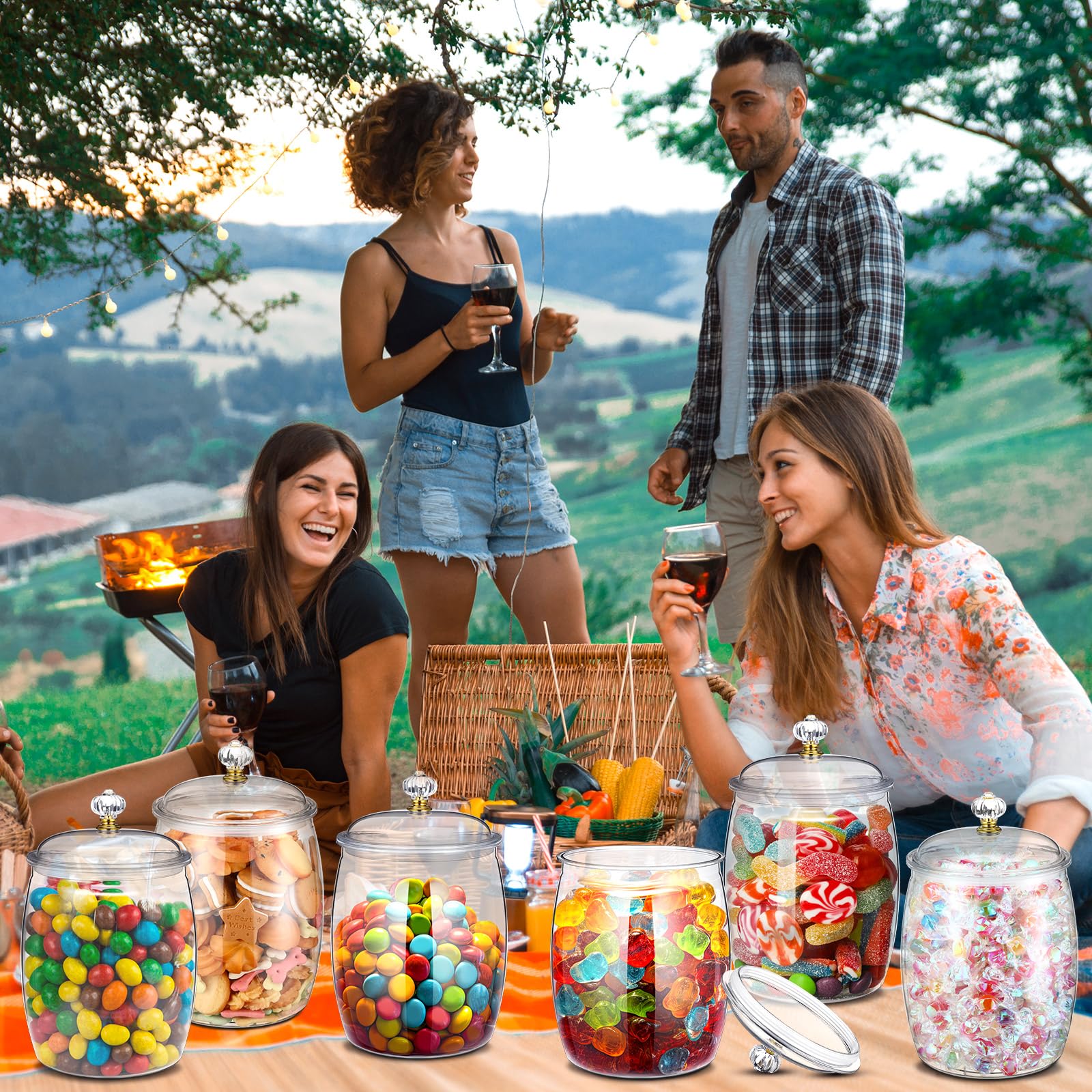Nuogo 6-Piece 64 oz Clear Plastic Candy & Cookie Jars with Airtight Lids - Decorative Apothecary Containers for Candy Buffet, Kitchen Pantry Organization & Home Decor Storage Solutions