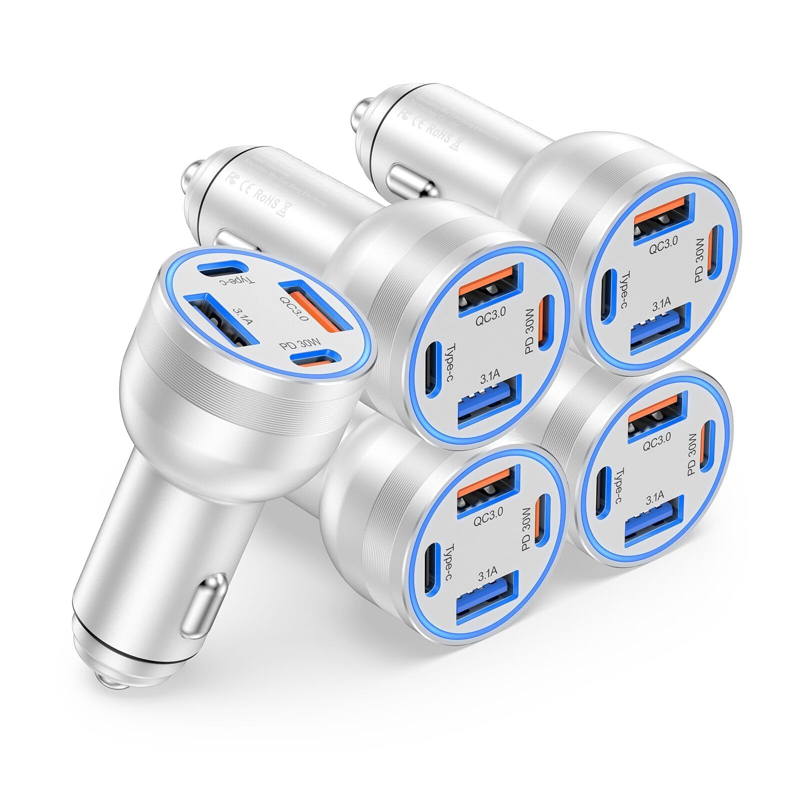 5-Pack 65W USB C Car Charger with 4 Ports - Dual USB-C & USB-A Fast Charging Adapter for iPhone 16/15/14/13/12 Pro Max, Samsung Galaxy, iPad - PD/QC Compatible Car Lighter Charger - Perfect for Road Trips & Family Travel