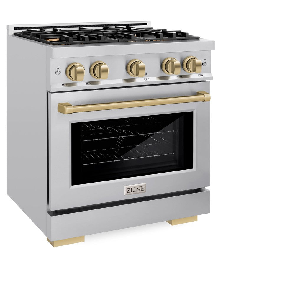 ZLINE Autograph Edition 30 Inch 4.2 Cu Ft Gas Range with 4 Burner Cooktop & Convection Oven - Stainless Steel with Champagne Bronze Accents (HGRZ 30 CB) - Perfect for Modern Kitchens & Professional Style Cooking