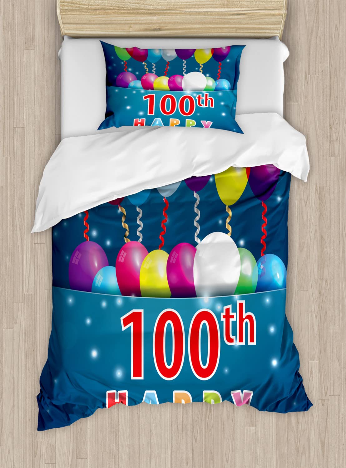 Ambesonne 100th Birthday Duvet Cover Set - Queen Size 2-Pack with 2 Duvet Covers & 4 Pillowcases | Colorful Balloons & Star Dots Design in Blue & Dark Blue | Perfect for Milestone Celebrations, Guest Bedrooms & Special Occasion Decor