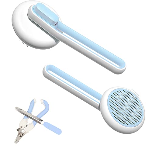 Self Cleaning Cat & Dog Brush for Shedding - Gentle Grooming Brush for Long & Short Haired Pets - Massage Brush Removes Loose Undercoat - Includes Nail Clippers & Nail File (Blue) - Perfect for Home Grooming & Pet Bonding Time