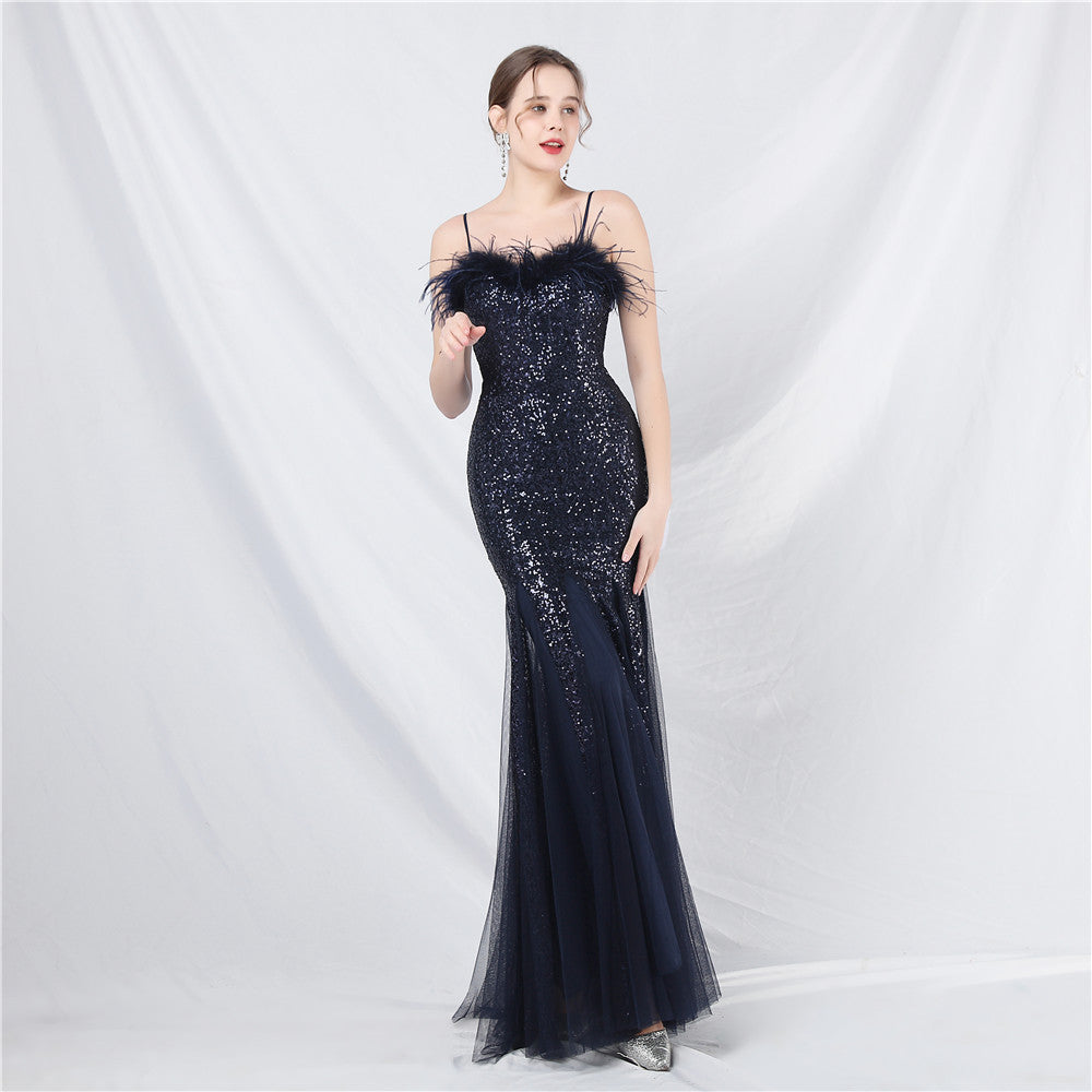 Elegant Ostrich Feather Mesh Beaded Long Evening Dress for Women - Perfect for Prom, Gala & Formal Events