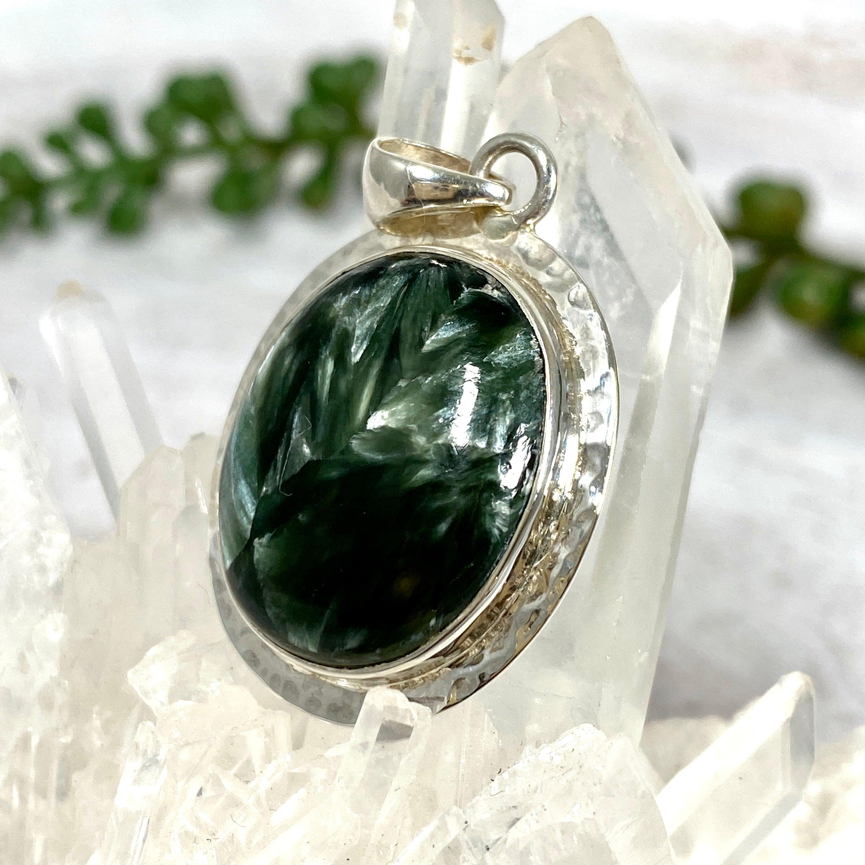 Natural Seraphinite Oval Cabochon Pendant with Handcrafted Beaten Banding - KPGJ2511 | Healing Crystal Jewelry for Meditation & Spiritual Gifts