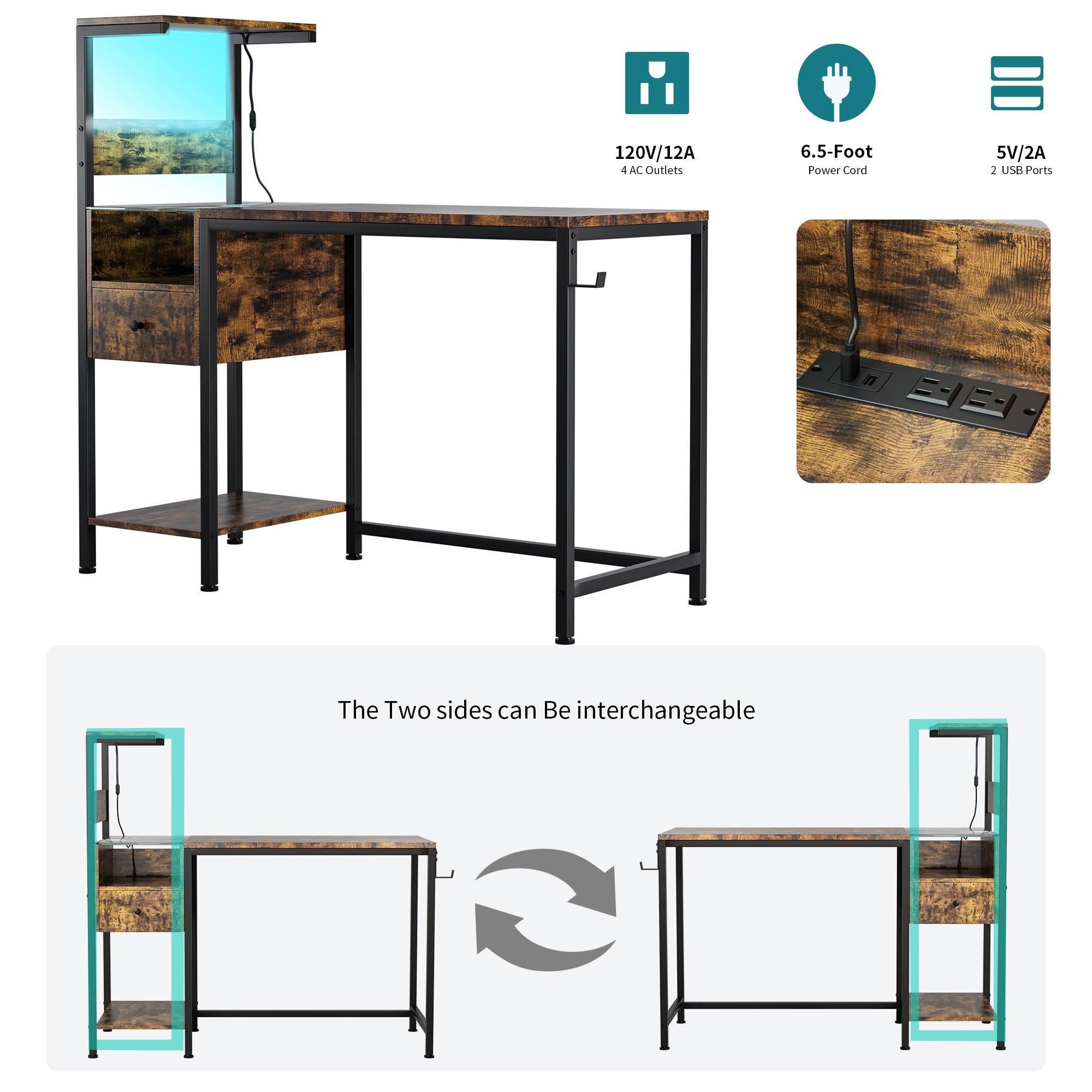 Ergonomic Computer Desk with Built-in Power Outlet & USB Charging Station | Home Office Desk with Storage Shelves | Study Writing Workstation for Small Spaces (Brown) - Perfect for Remote Work, Gaming Setup & Online Learning