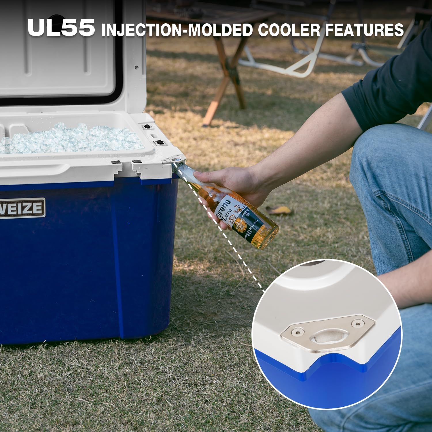 WEIZE 55 Quart Ultra Lightweight Hard Cooler - Insulated Ice Chest Box with Bottle Opener, Keeps Ice for 8 Days, Portable for Camping, Beach, Picnics & Outdoor Adventures (Blue)