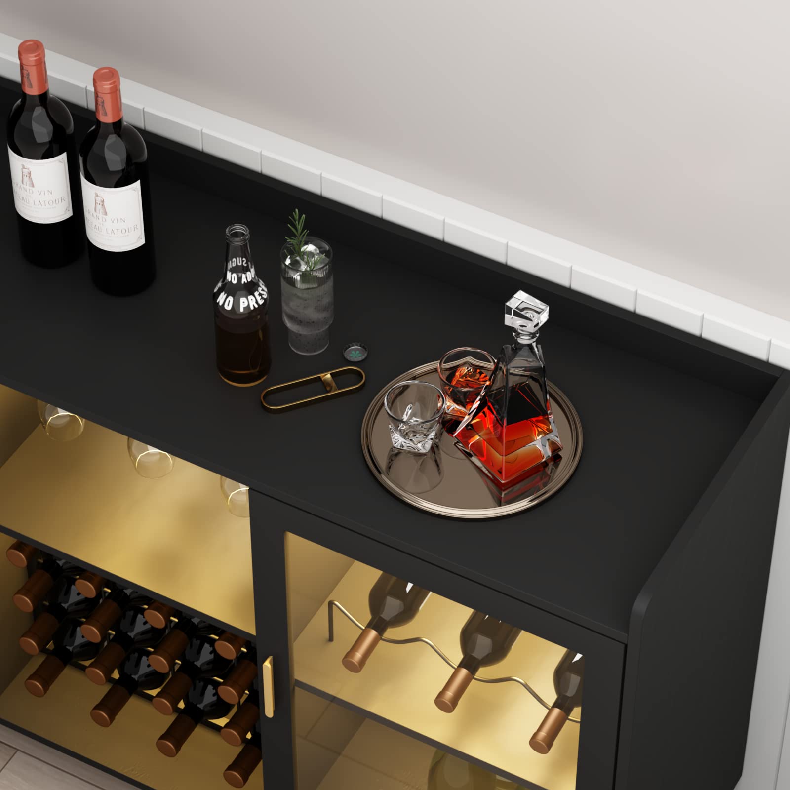 Modern Wine Bar Cabinet with LED Lights - Freestanding Kitchen Sideboard Buffet with Wine Rack, Glass Holder & Storage Shelf - Black Glass Door Liquor Cabinet for Dining Room, Living Room & Home Bar Decor
