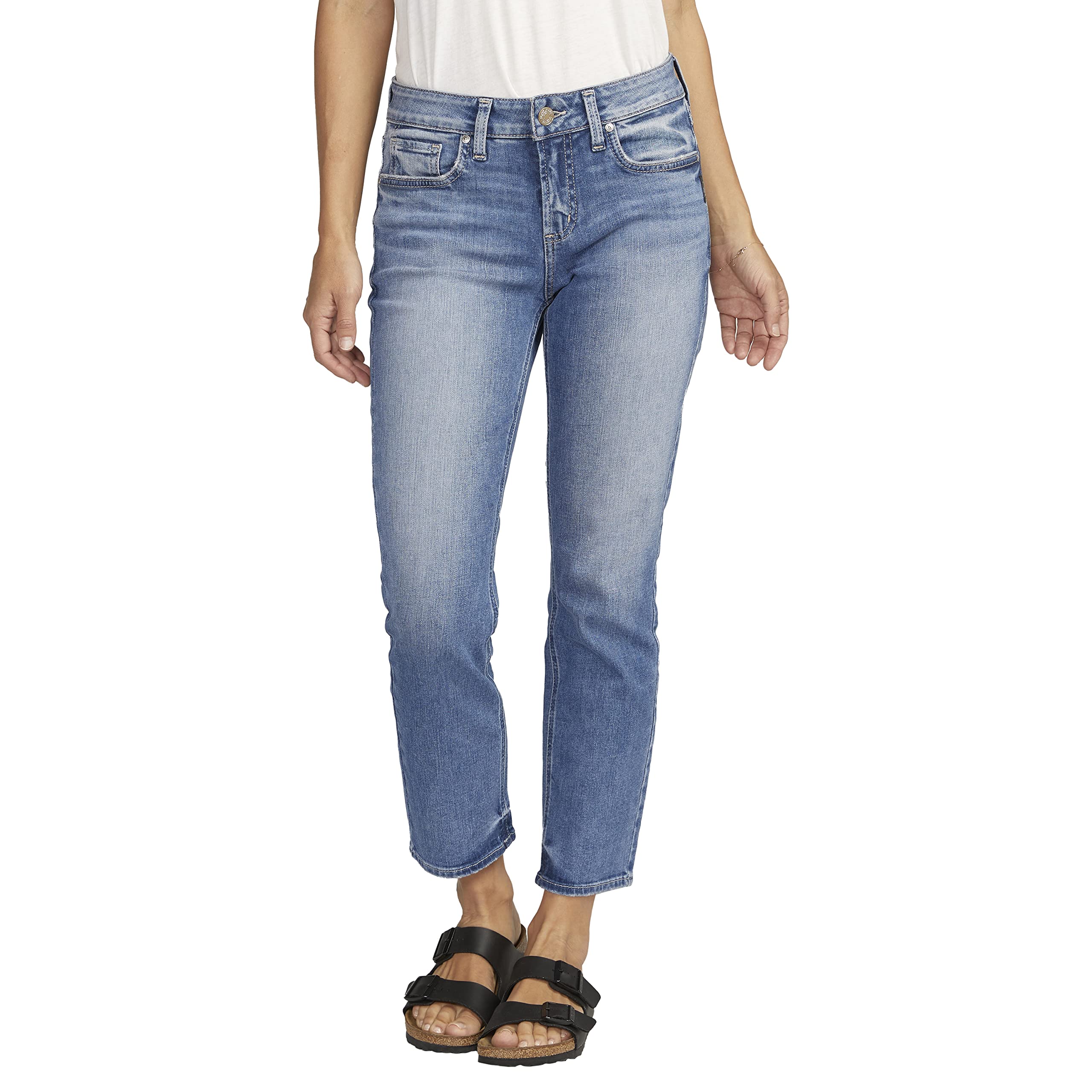 Silver Jeans Co. Women's Elyse Mid Rise Comfort Fit Straight Crop Jeans - Stylish & Comfortable Denim Pants for Casual Wear, Office & Everyday Outfits