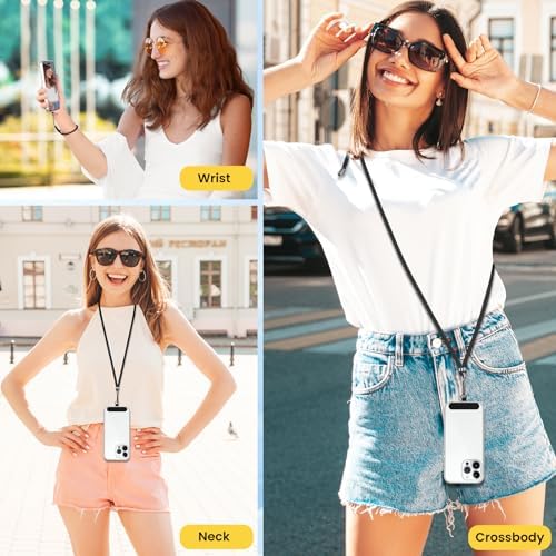 Adjustable Phone Lanyard for iPhone & Android - Crossbody Neck Strap & Wrist Strap with 2 Secure Tether Patches - Black | Perfect for Running, Travel & Hands-Free Convenience