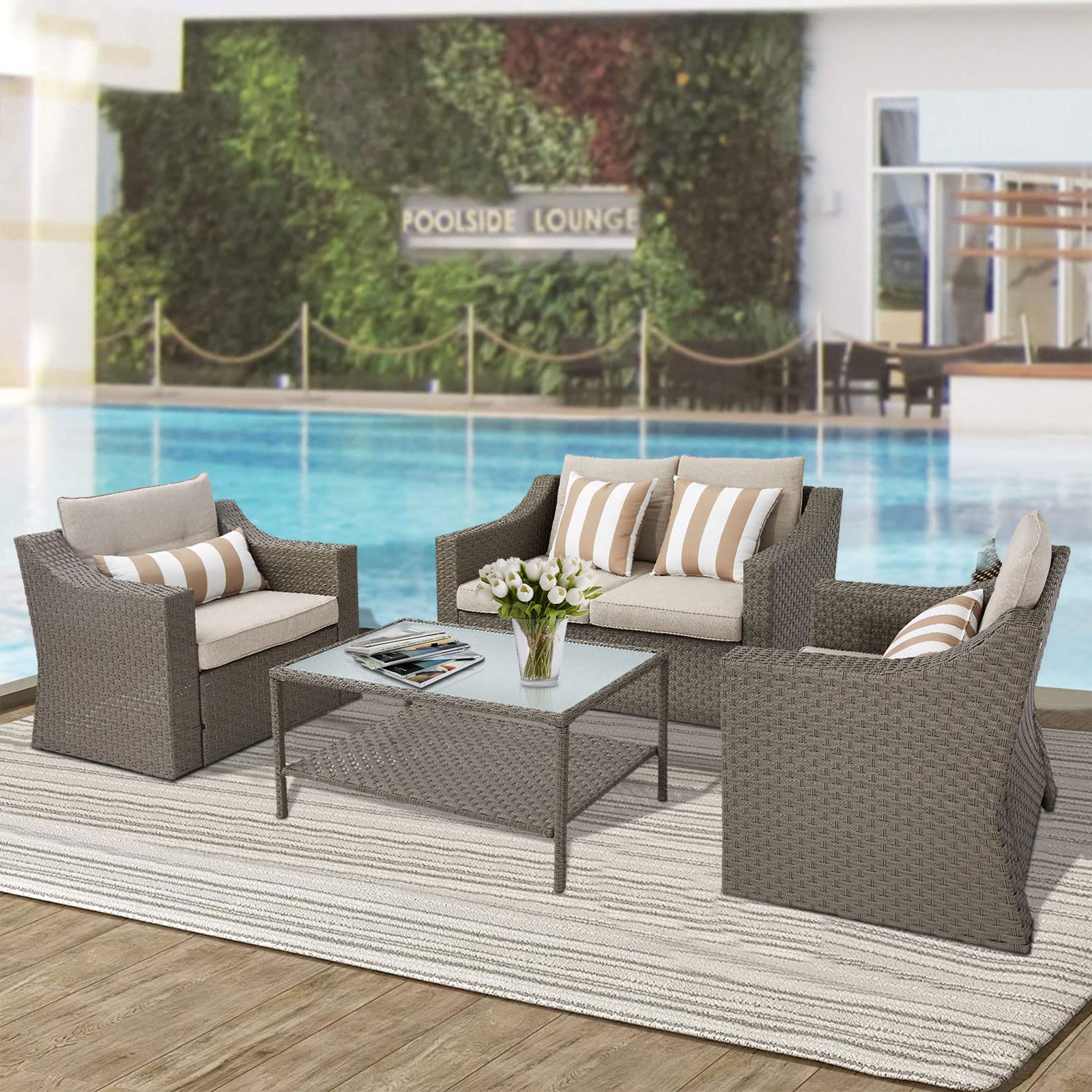 **Crownland 4-Piece Outdoor Patio Furniture Set - All-Weather Wicker Sofa with Beige Cushions & Tempered Glass Coffee Table (Grey) - Perfect for Garden, Poolside, and Backyard Relaxation**