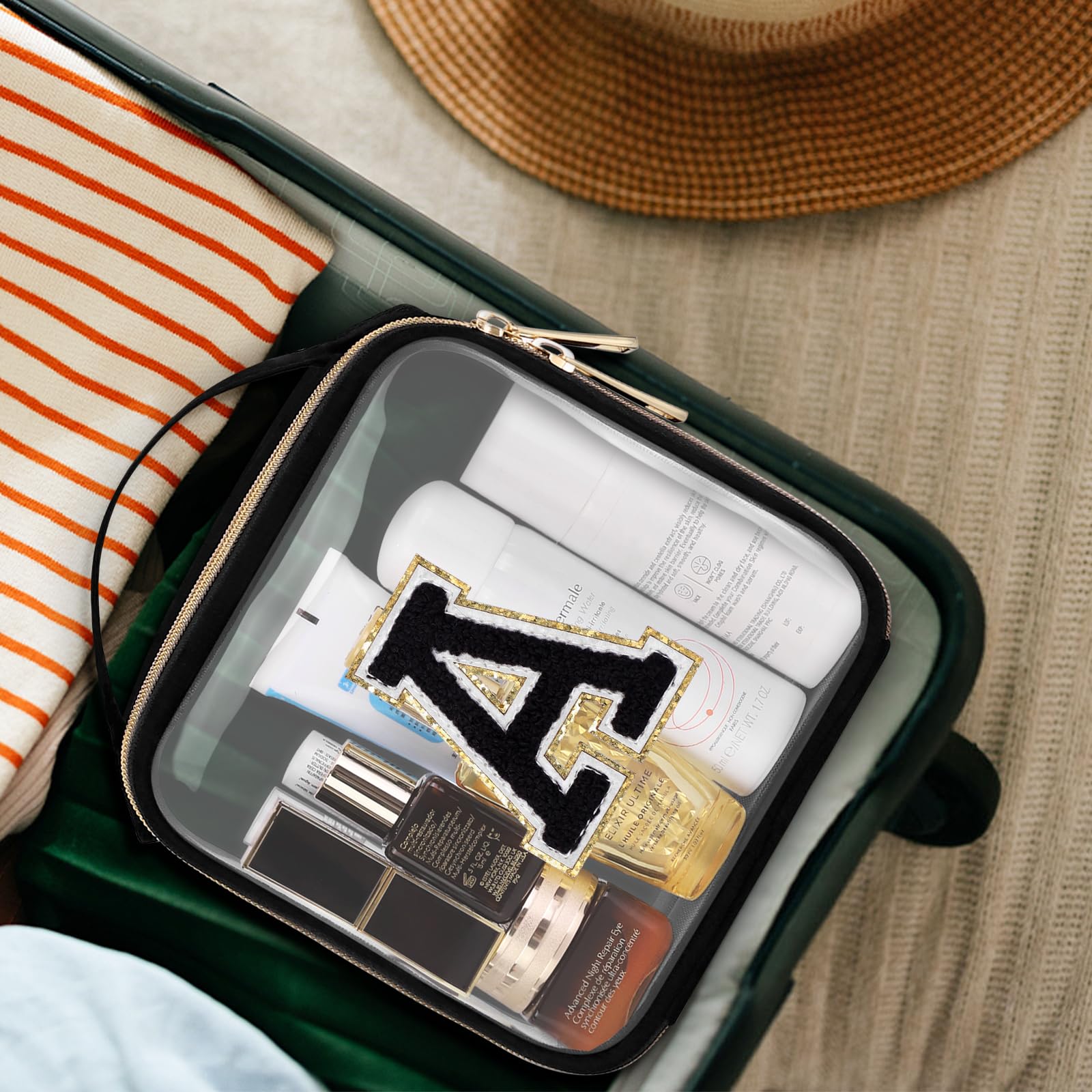 TSA Approved Clear Toiletry Bag for Travel - PVC Transparent Makeup Cosmetic Bag with Handles & Chenille Letter Design, Large Opening Carry-On Airport Organizer (Letter A) - Perfect for Air Travel, Vacation Essentials & Daily Beauty Storage