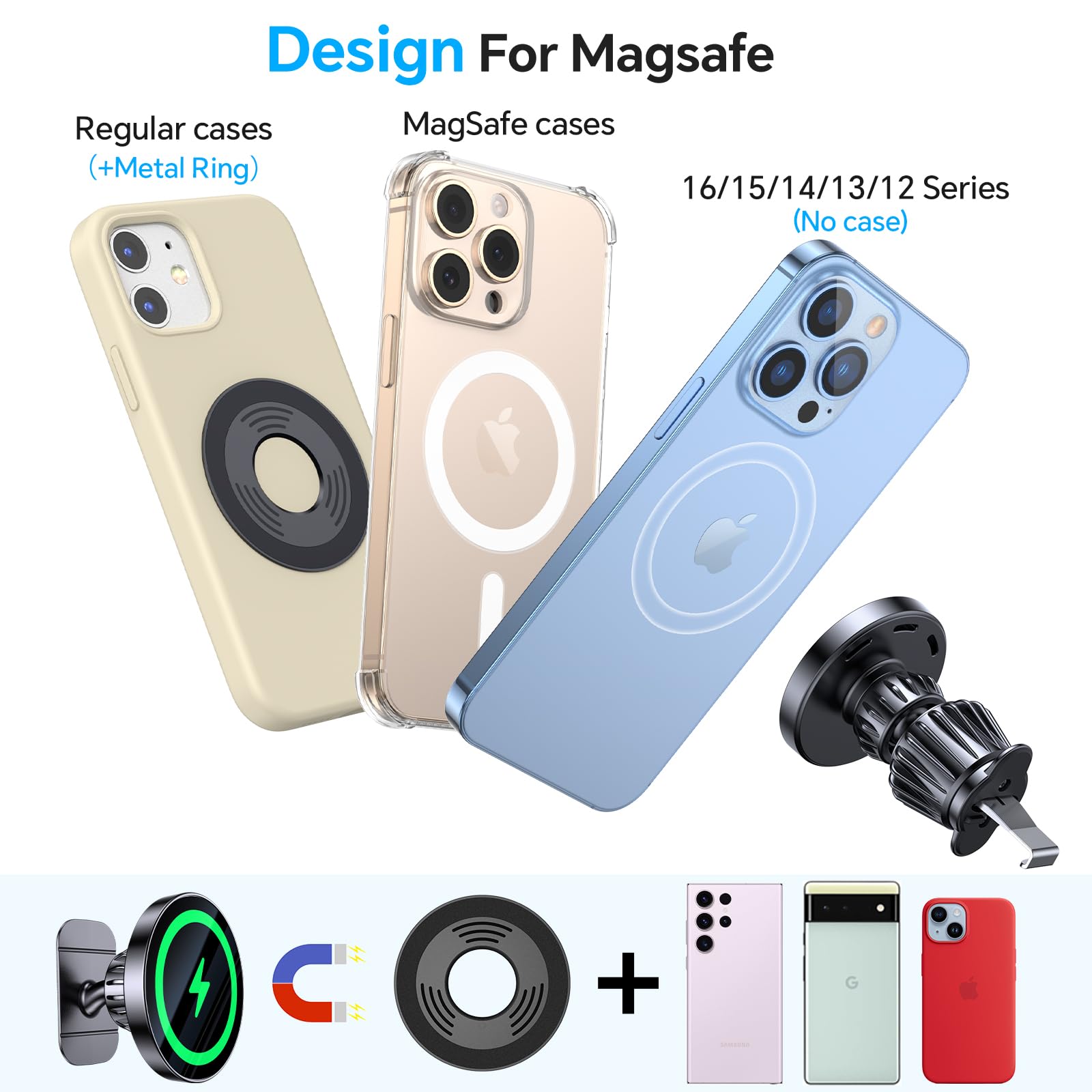 Coolpow Magnetic Wireless Car Charger Mount for iPhone 16/15/14/13/12 Pro Max/Plus - Magsafe Compatible Vent/Dash/Wall Mount with Super Strong Magnet - Perfect for Hands-Free Charging While Driving