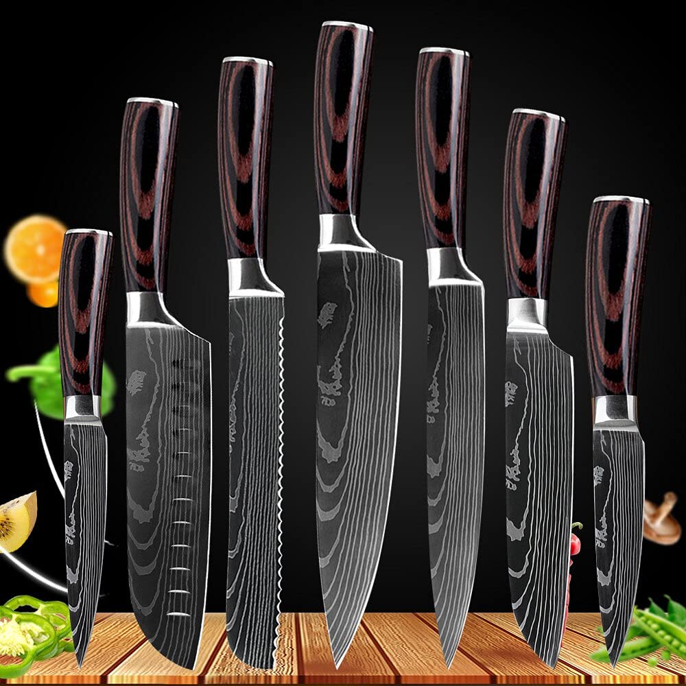 Premium Damascus Steel Japanese Chef Knife Set - 7-Piece Kitchen Knife Collection with Santoku, Utility & Slicing Knives for Professional Cooking & Food Preparation | Ideal for Home Chefs, Culinary Enthusiasts & Professional Kitchens