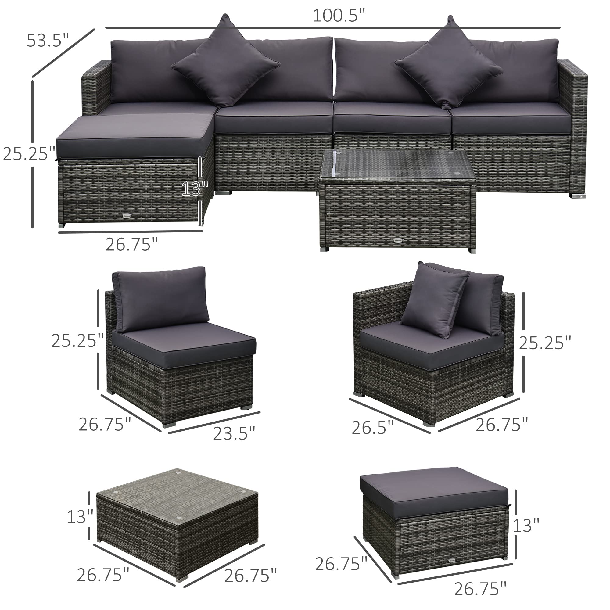 Outsunny 6-Piece Patio Furniture Set - All-Weather PE Rattan Outdoor Wicker Sectional Sofa with Ottoman, Cushions & Tempered Glass Table - Mixed Gray - Perfect for Backyard, Garden, Poolside & Patio Relaxation