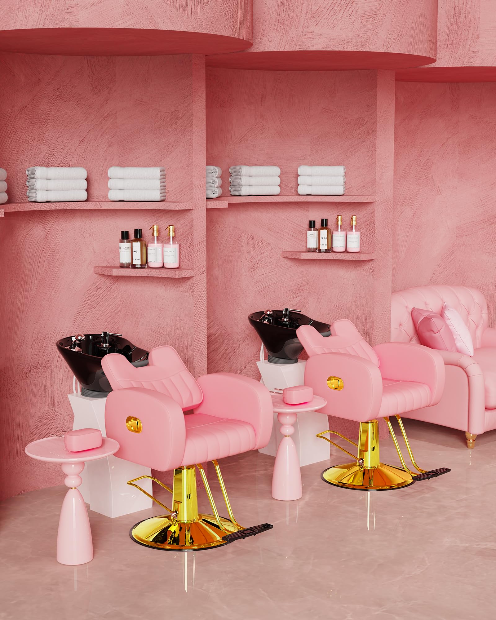 Baasha Ergonomic Salon Chair - Pink & Gold Stylist Chair with Thickened Cushions, Heavy Duty Steel Frame & Leather Upholstery, 440 lbs Weight Capacity - Perfect for Hair Salons, Barber Shops & Home Beauty Stations