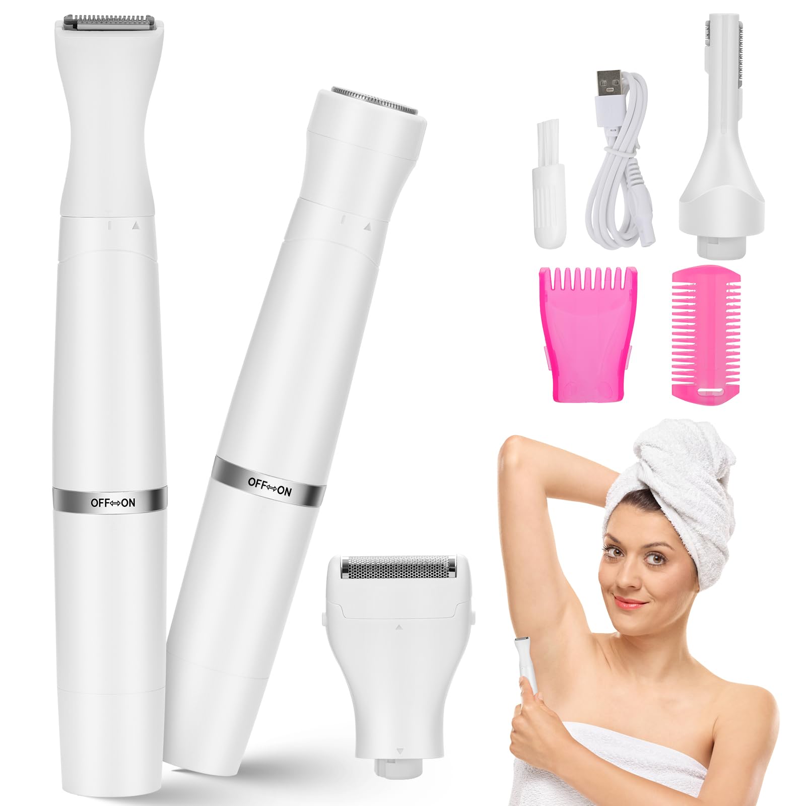 Women's Electric Facial Shavers - 4 in 1 Dry/Wet USB Rechargeable Waterproof Razor for Arms, Legs, Face, Eyebrows & Nose Hair Removal - Perfect for Travel, Home Spa & Daily Grooming Routine (White)