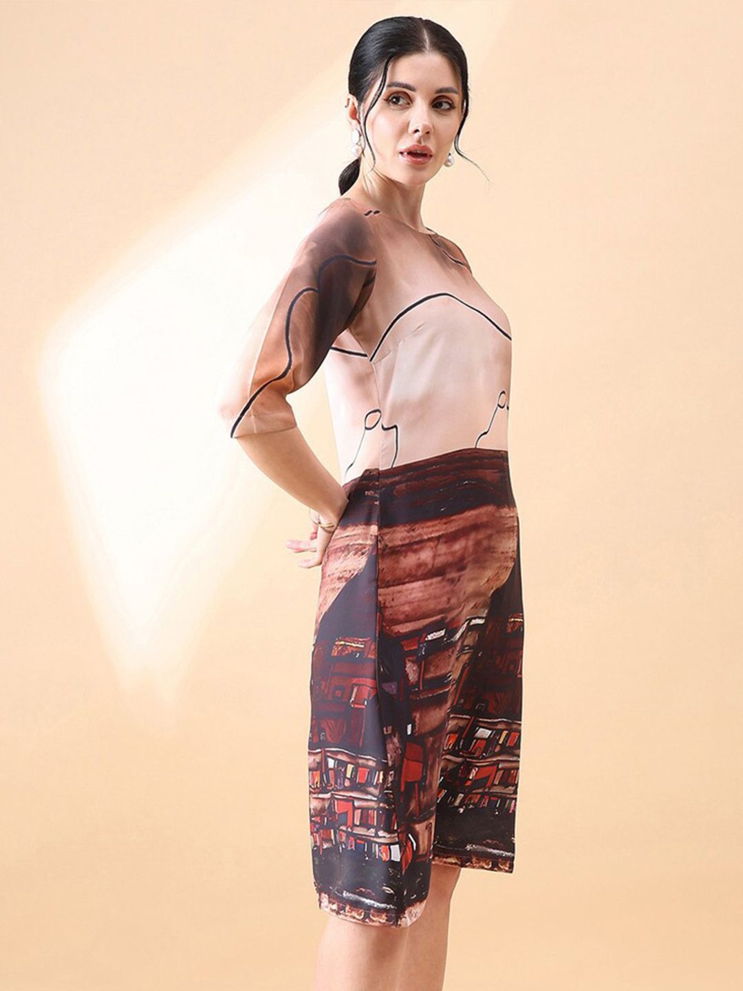 Elegant A-Line Printed Dress in Brown - Perfect for Casual Outings, Office Wear & Special Occasions