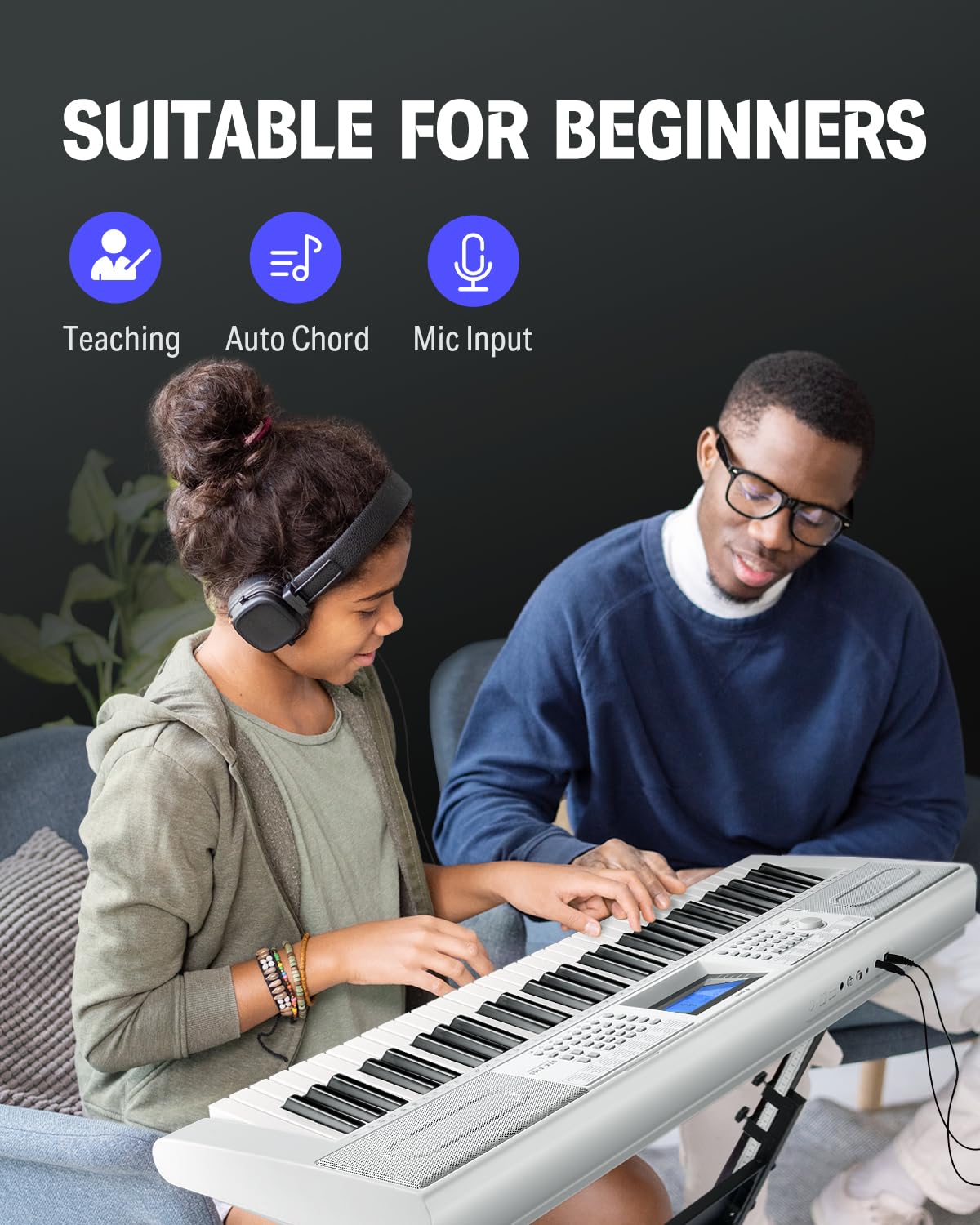 Donner 61-Key Digital Piano Keyboard with 249 Voices & Rhythms - Complete Electric Keyboard Kit Includes Stand, Stool, Microphone - Perfect for Beginners & Home Music Practice (DEK-610S, White) - Ideal for Piano Learning, Music Composition & Family Entertainment