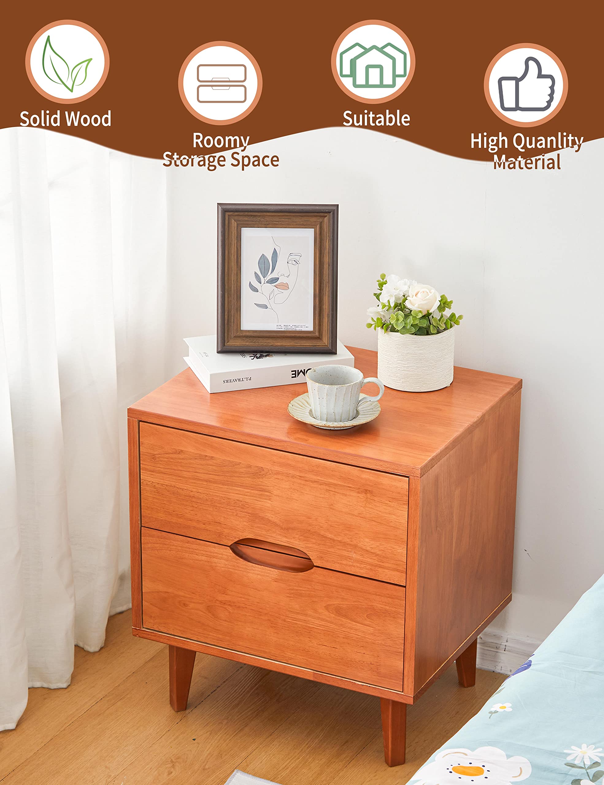 Mid Century Modern Nightstand with Grooved Handle, 2 Drawers & Shelf - Wooden Bedside End Table for Bedroom Storage (Caramel) - Perfect for Small Spaces, Apartment Living & Guest Rooms