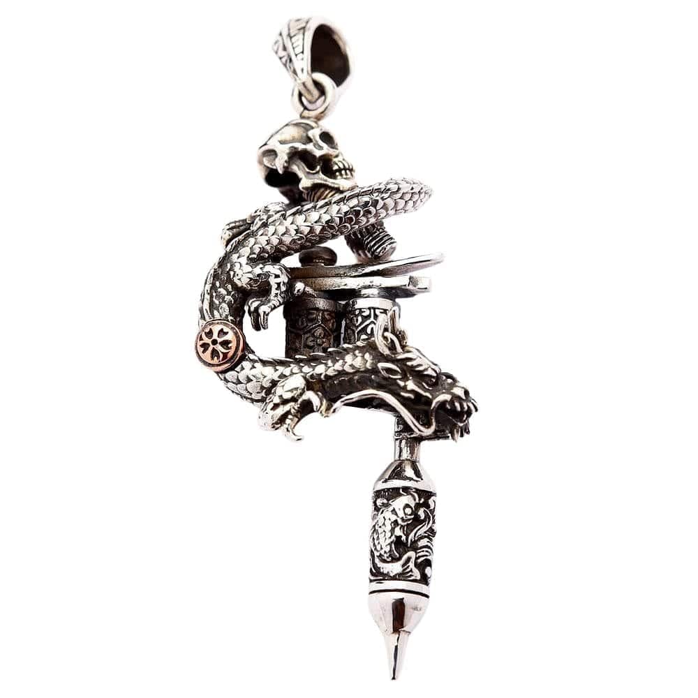 Sterling Silver Dragon Skull Tattoo Machine Gun Pendant Necklace - Gothic Jewelry for Men & Women - Perfect for Tattoo Artists, Bikers, and Rock Music Fans