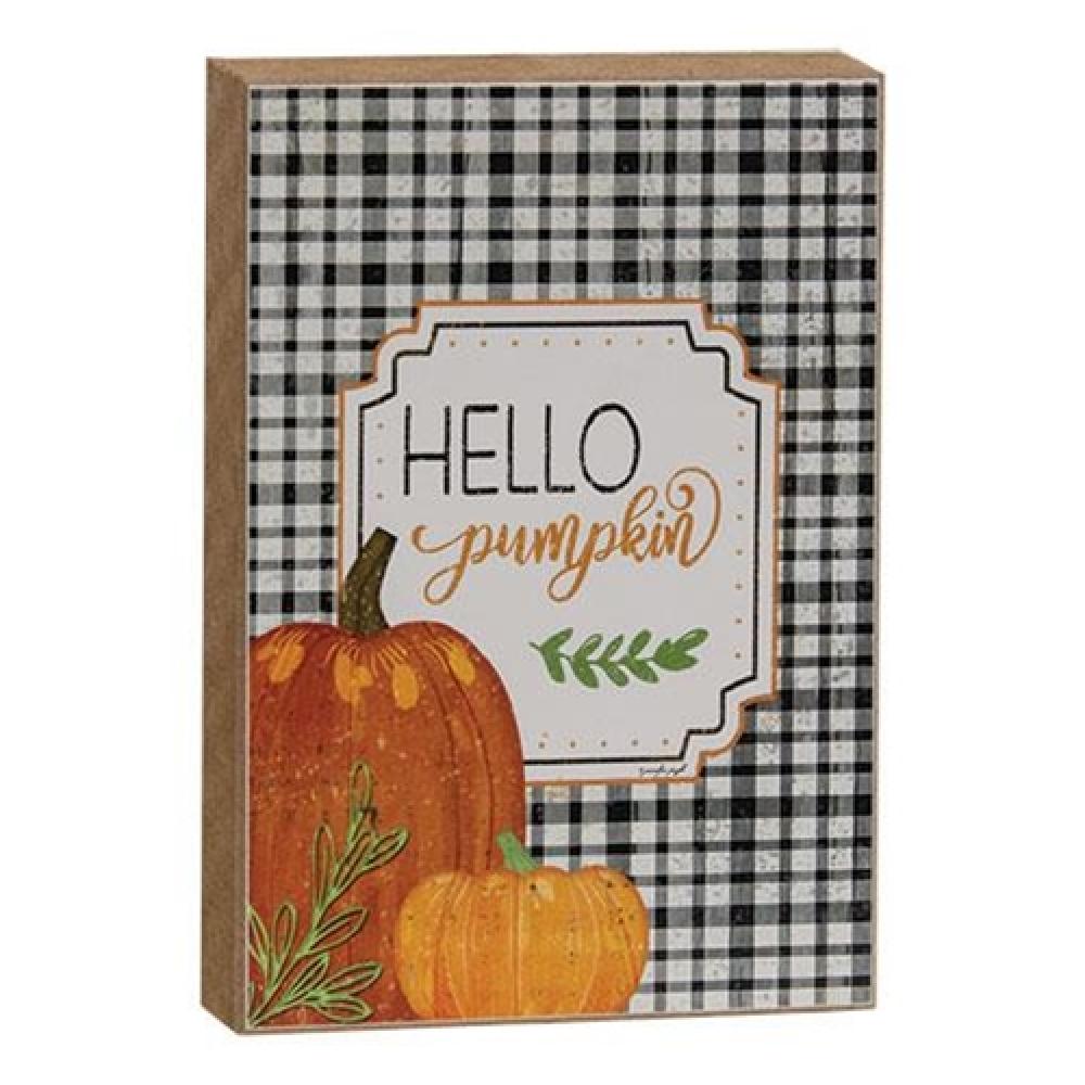 Hello Pumpkin Plaid Block - Stylish Fall Home Decor for Thanksgiving, Halloween & Autumn Season | Perfect for Table Centerpieces, Fireplace Mantels & Seasonal Gift Giving