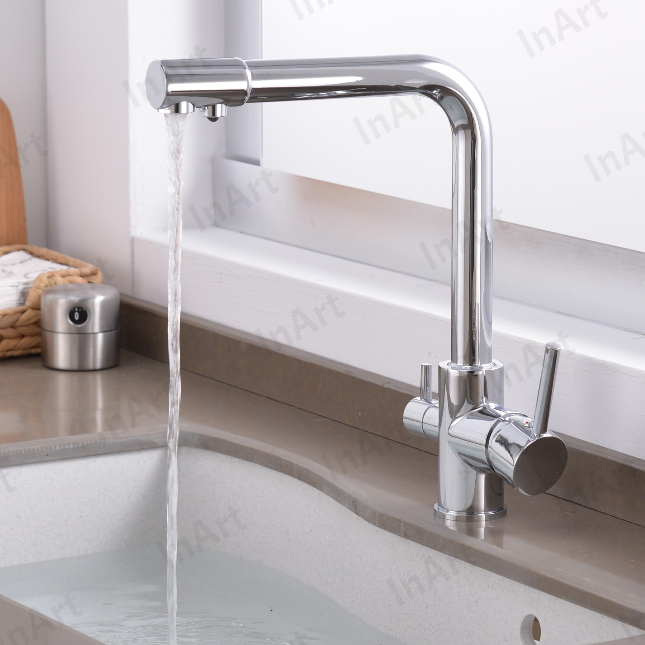 High-Quality InArt Kitchen Sink Faucet with 360° Swivel Spout | Brass Construction | 3-Way Water Filter | Dual Lever Control | Deck Mounted Chrome Finish | Perfect for Modern Kitchens & Food Prep Areas