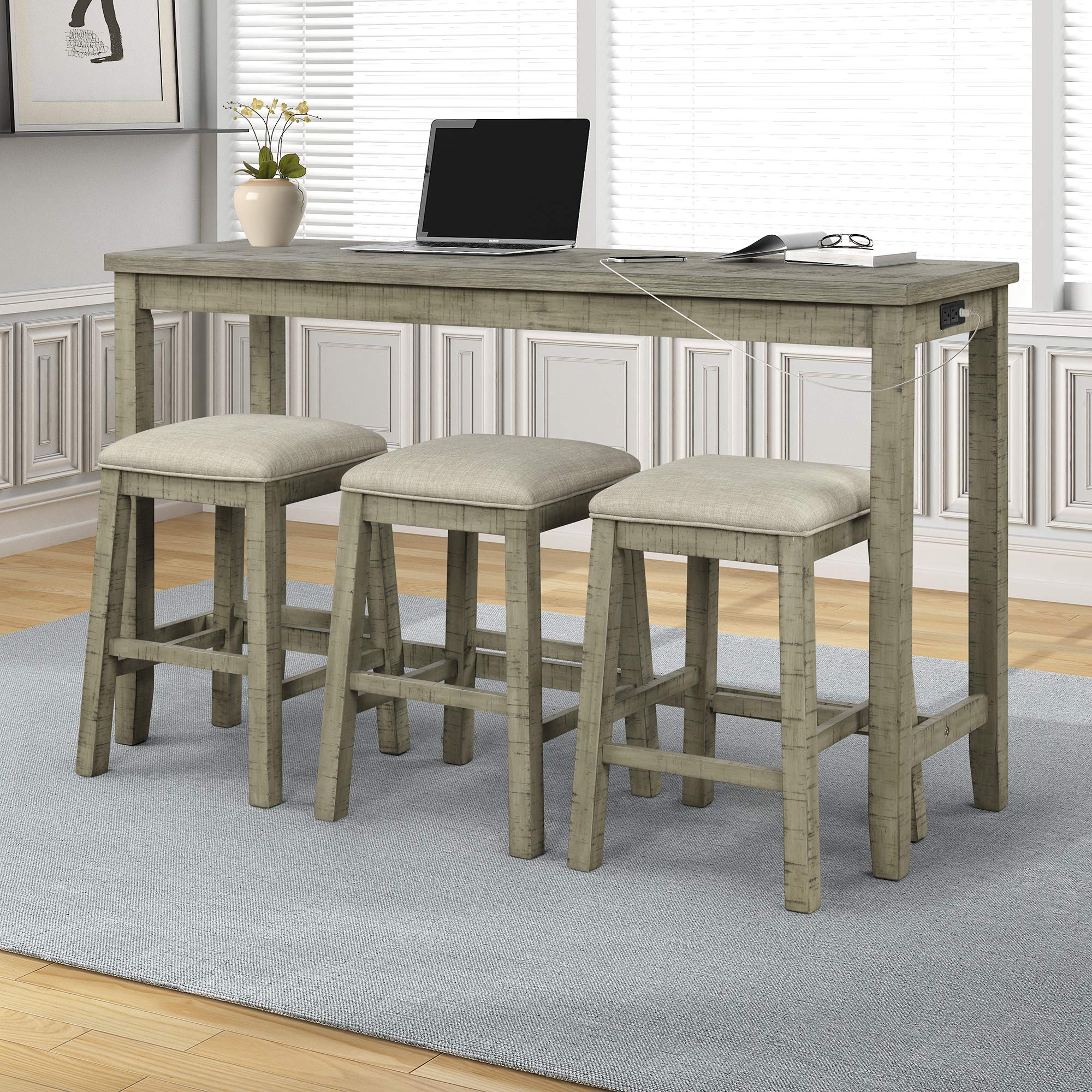 Quarte 4-Piece Rustic Wood Counter Height Bar Table Set with Fabric Padded Stools & Socket, Multipurpose Dining Room Furniture for Kitchen, Living Room, and Small Spaces