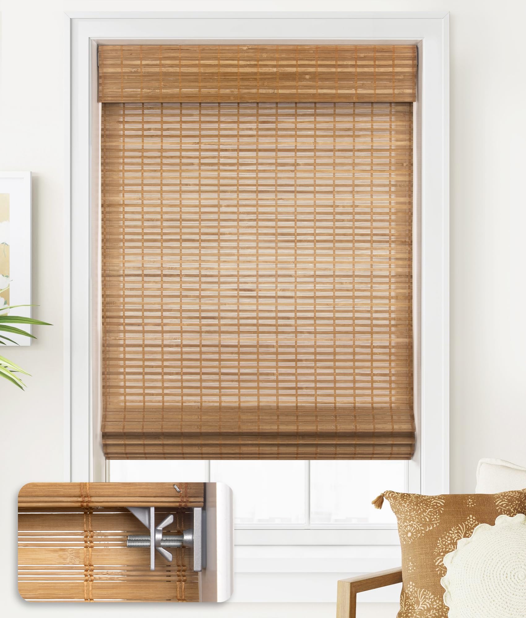 No Drill Cordless Bamboo Roman Shades - Light Filtering Window Blinds 39