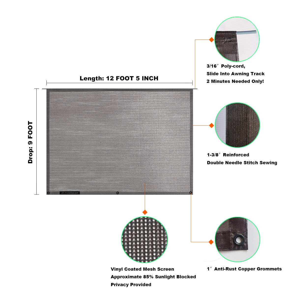 RV Sun Shade Screen for Awning - 9' X 12' 5'' Brown Mesh Sunshade for Motorhome & Camping Trailer - UV Protection Canopy with 3 Year Warranty | Perfect for Outdoor Camping, Beach Trips & Summer Travel
