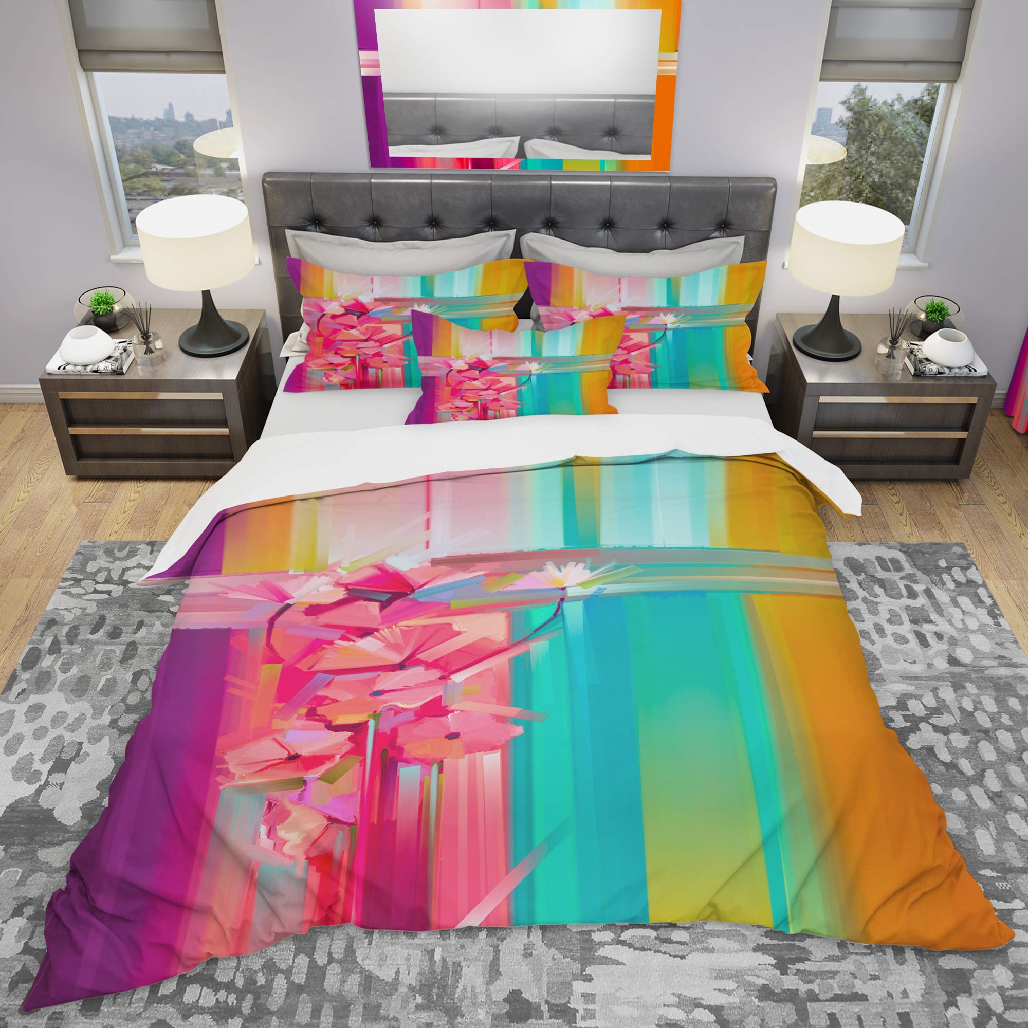 Abstract Red Gerbera Floral Duvet Cover Set - Pink Twin Size 3-Piece Coastal Bedding for Spring & All Seasons | Perfect for Nautical Themed Bedrooms & Beach House Decor