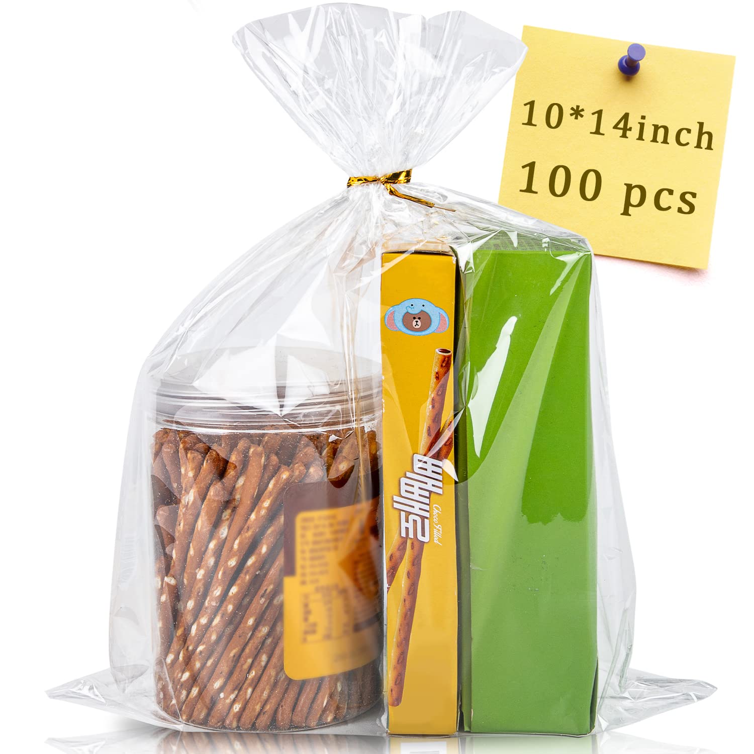100pcs Clear Cellophane Gift Bags 10x14 Inches with Ties - Large Plastic Goodie Bags for Cookies, Candy, Party Favors & Treats - Perfect for Birthday, Wedding, Baby Shower & Holiday Packaging