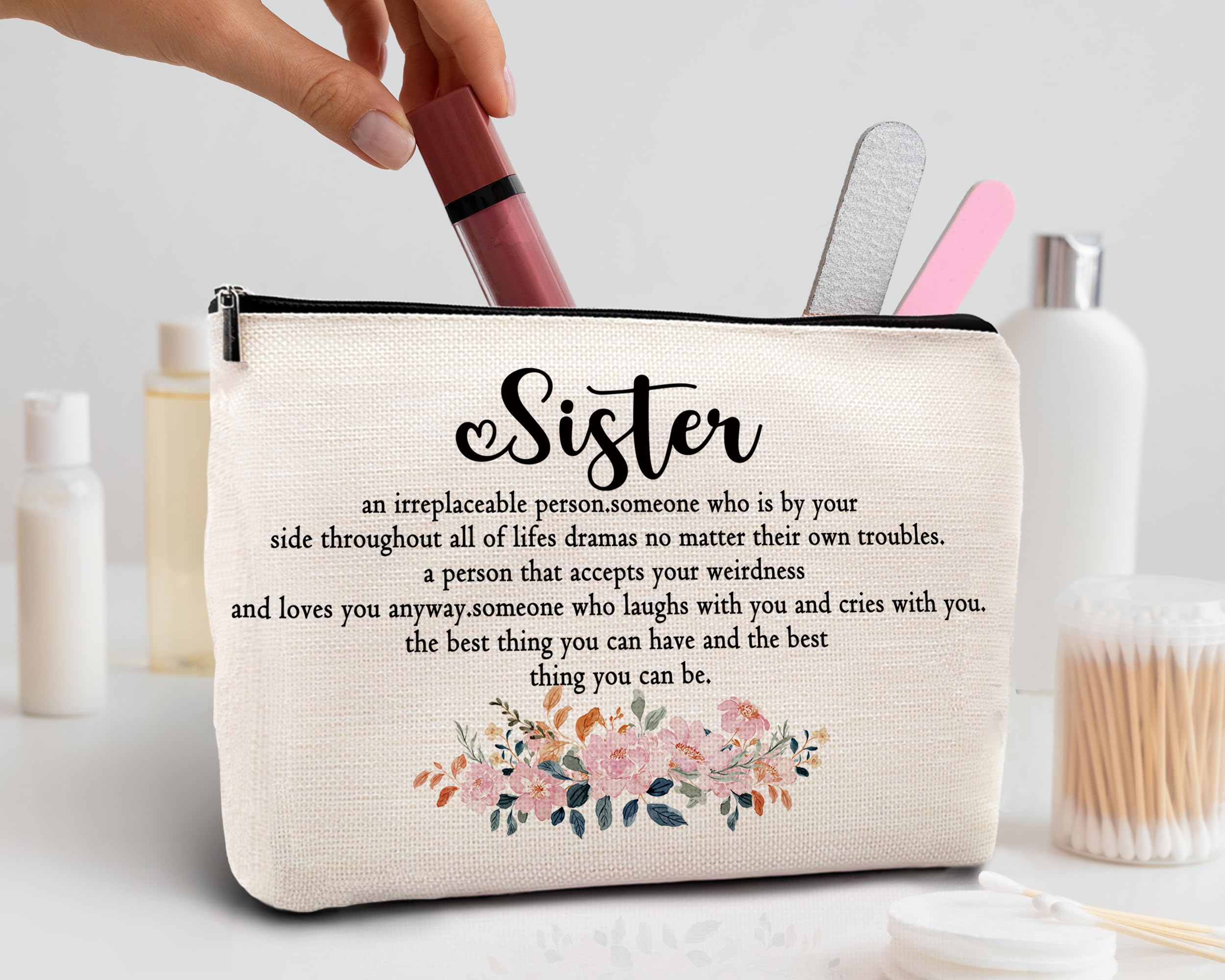 KDQUA Sister Makeup Bag - Best Gifts for Sisters, Big Sister Little Sister Friendship Gift - Linen Cosmetic Zipper Pouch, Travel Toiletry Organizer - Perfect for Birthday, Christmas & Travel (Inspirational Sister Gifts for Women)