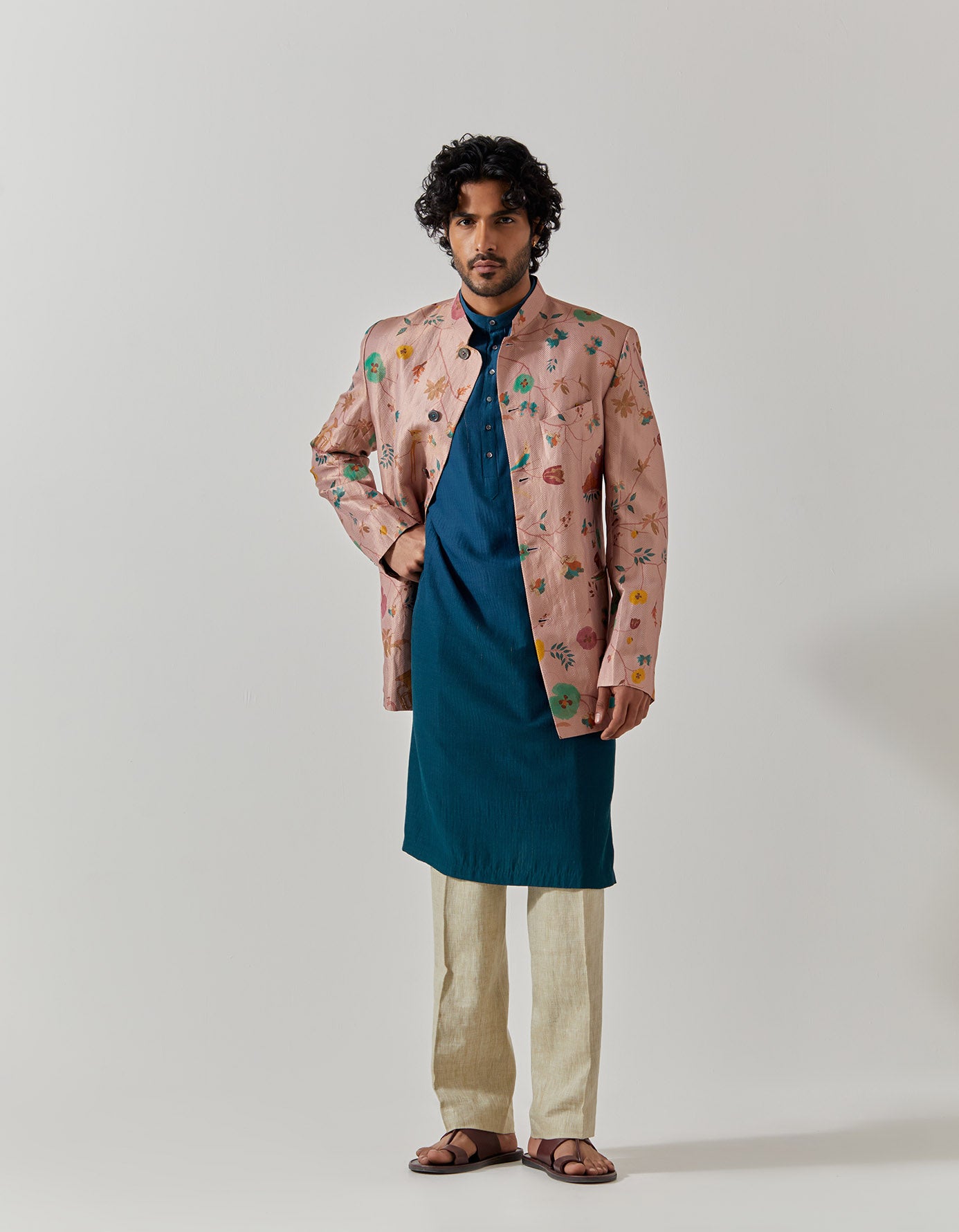 Elegant Bandhgala Silk Brocade Jacket with Quartz Vineyard Design | Premium Indian Menswear for Weddings & Special Occasions