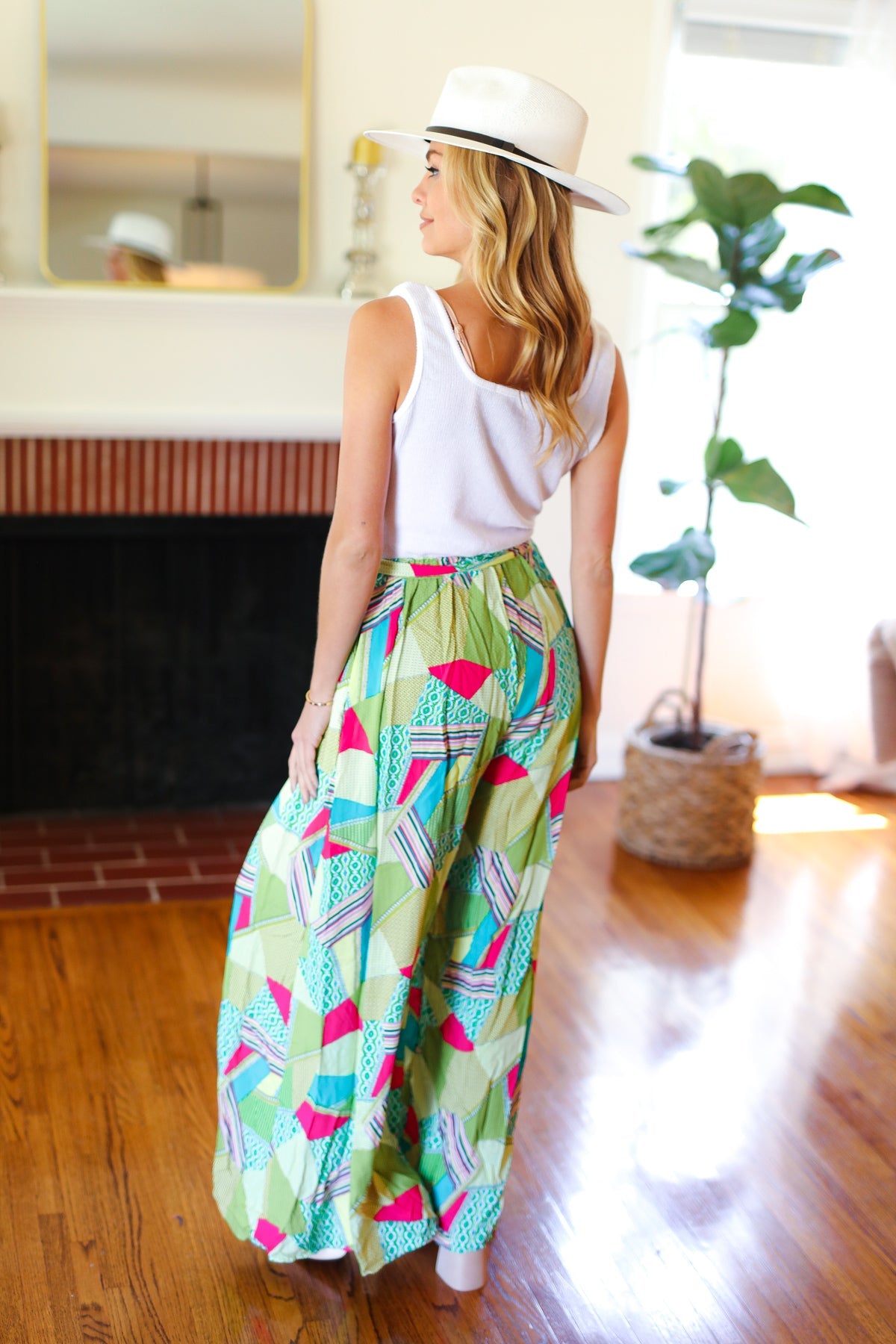 Feeling Couture Ivory & Mint Geo Print Wide Leg Jumpsuit - Women's Fashion Romper for Casual Outings, Beach Vacations & Summer Parties