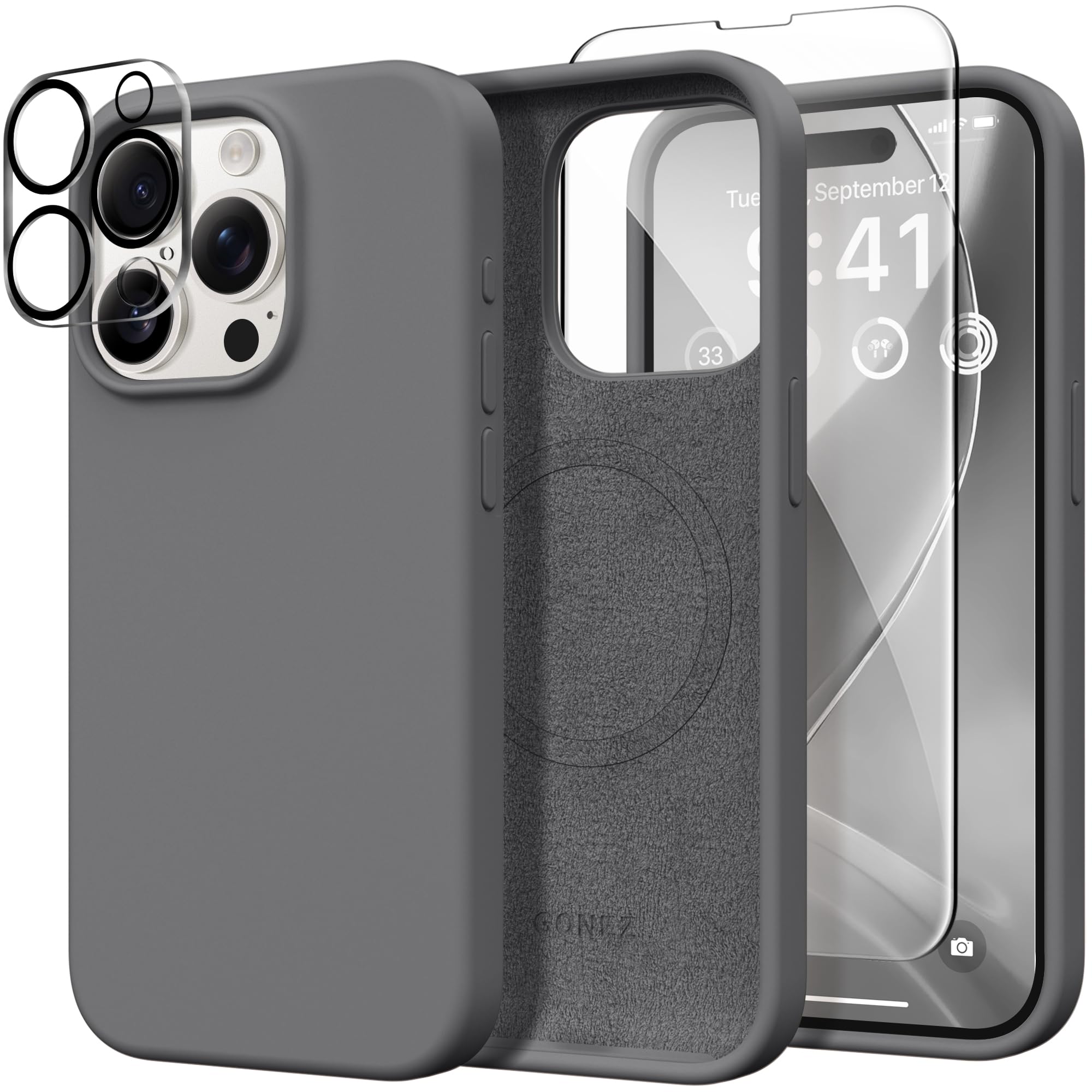 GONEZ iPhone 15 Pro Max Case with MagSafe Compatibility - Liquid Silicone Shockproof Cover with Camera & Screen Protector, Anti-Scratch Microfiber Lining (Grey) | Perfect for Everyday Protection & Wireless Charging
