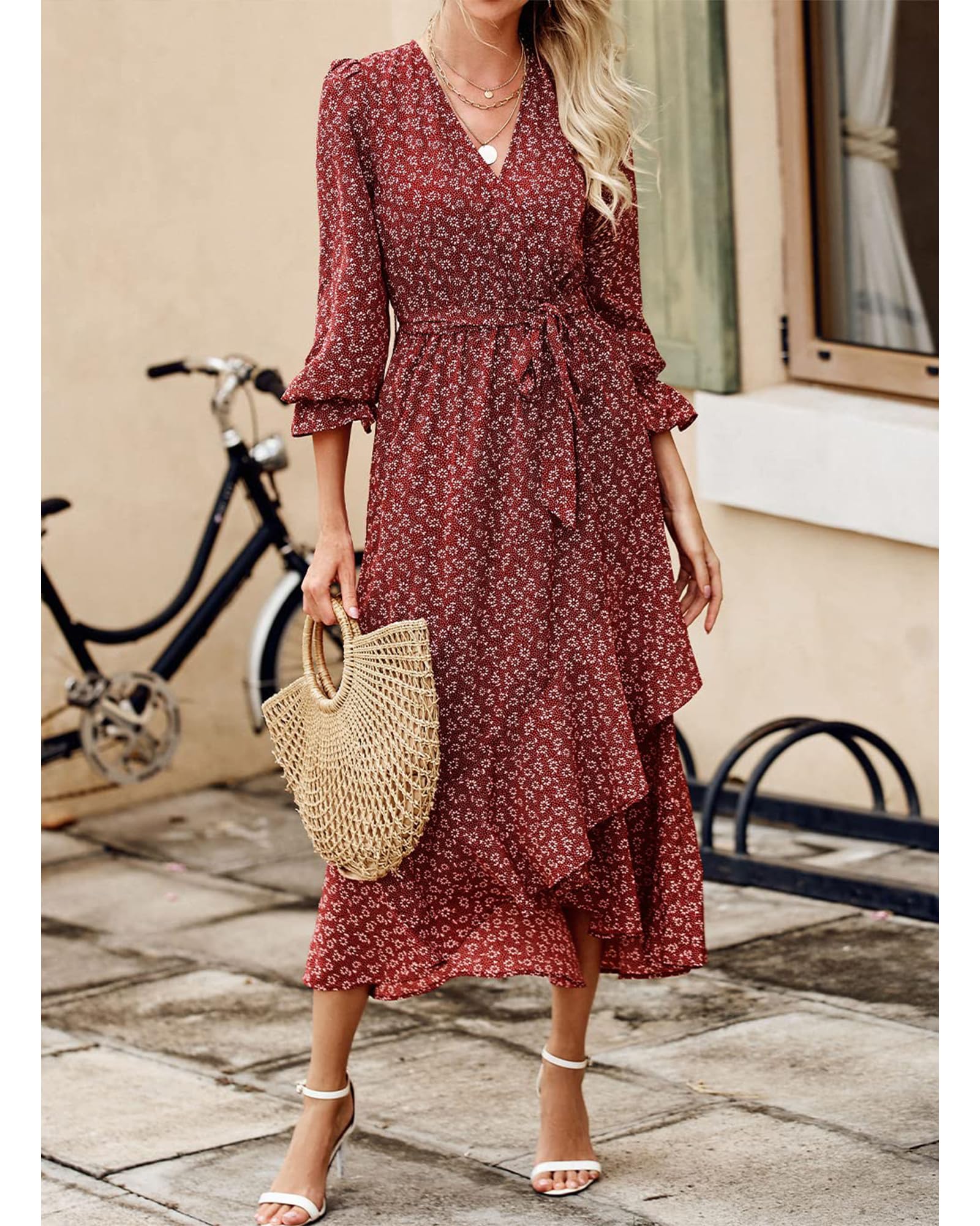 BTFBM Women's Floral V-Neck Long Sleeve Boho Dress - High Waist Ruffle Summer Wedding Guest Dress for Spring/Summer 2025 | Perfect for Garden Parties, Bridal Showers & Formal Events