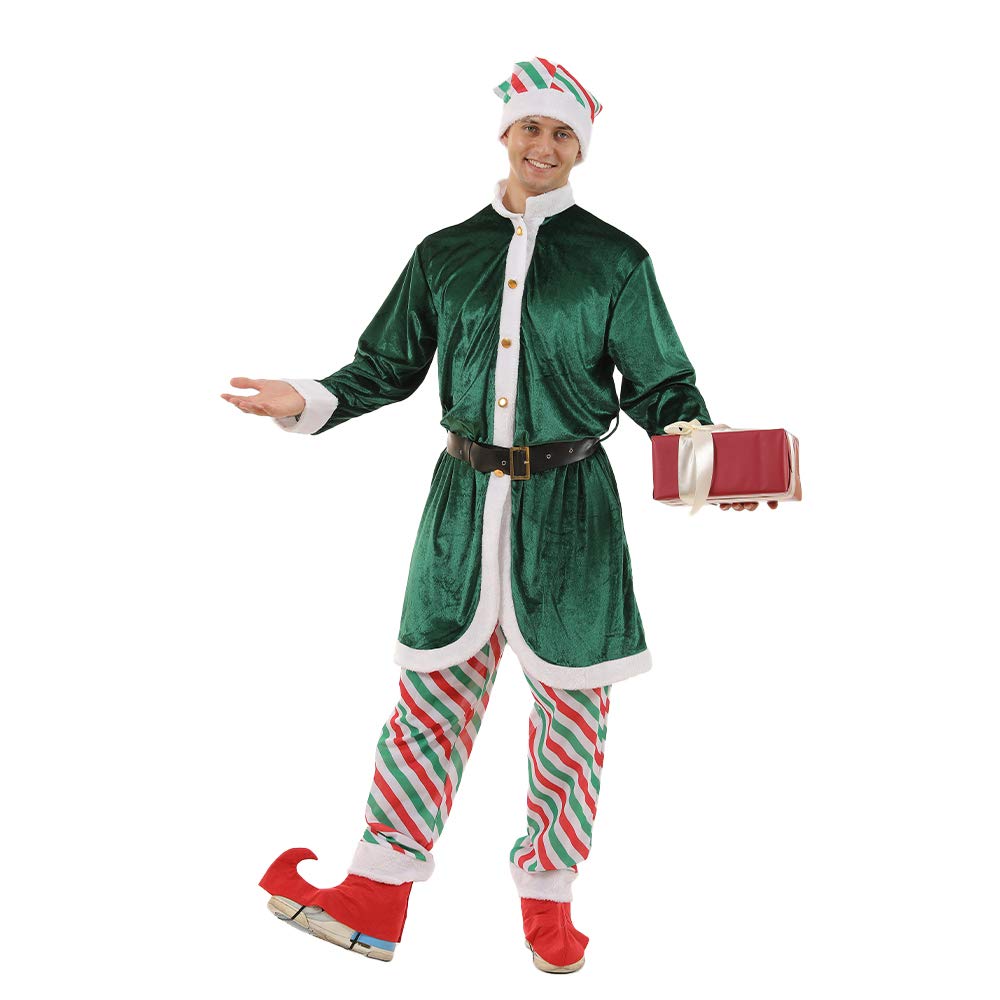 ReneeCho Men's Santa Candy Elf Christmas Costume - Long Coat for Holiday Parties, Festive Events & Christmas Photo Shoots