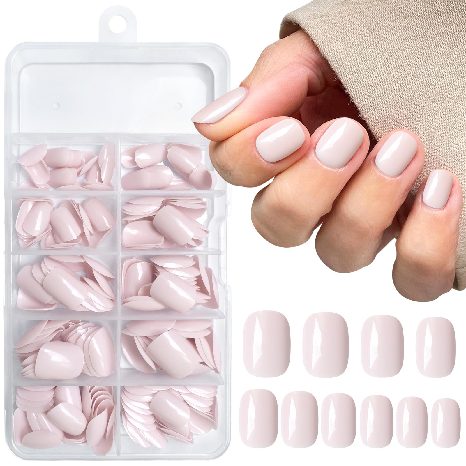 AddFavor Short Press on Nails - 240pcs Glossy Full Cover Acrylic Fake Nails Kit for Women (Light Pink) with Sticky Tabs & Nail File - Square & Round Shapes | Perfect for Daily Wear, Parties, Weddings & Special Occasions