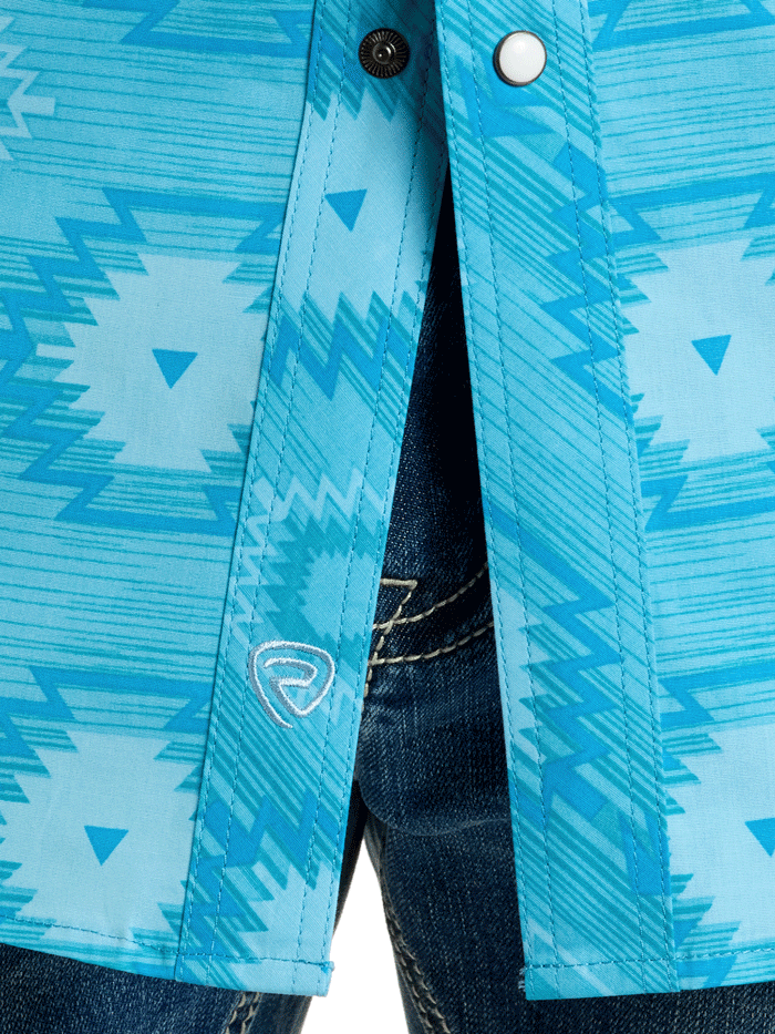 Rock & Roll Denim Men's Aztec Print Short Sleeve Snap Button Shirt - Turquoise Western Style Shirt for Casual Wear, Music Festivals & Summer Outfits