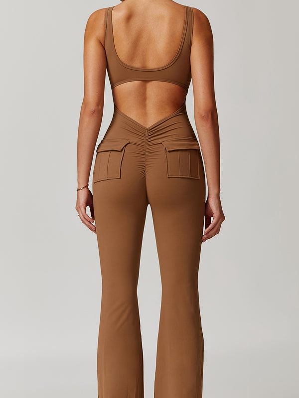 ZASUWA Women's Sexy Cutout Pocket Flare Cargo Jumpsuit - Stylish Booty Lifting Romper for Night Out & Streetwear Fashion