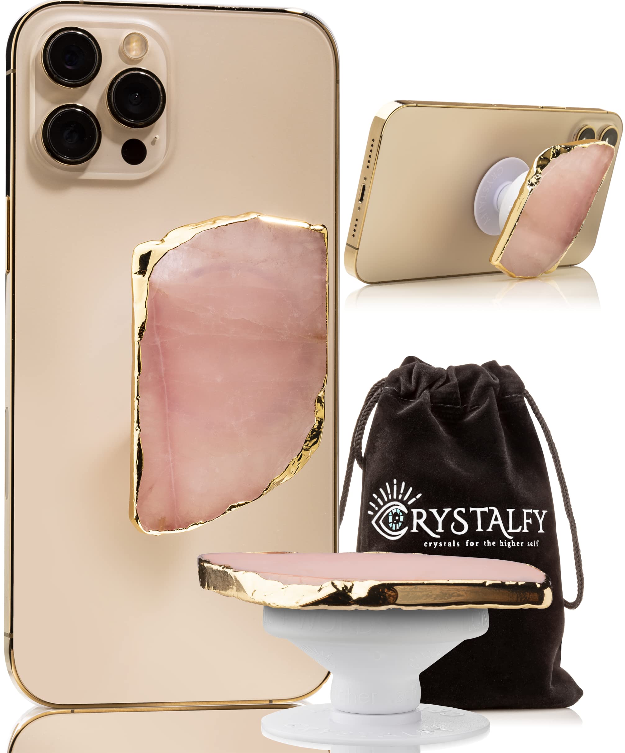 **CRYSTALFY Rose Quartz Crystal Phone Grip & Stand – Natural Gemstone Swappable Top, Expandable Holder for iPhone, Samsung & Tablets – Perfect for Work, Travel & Selfies (Rose Quartz Gold Edge)**