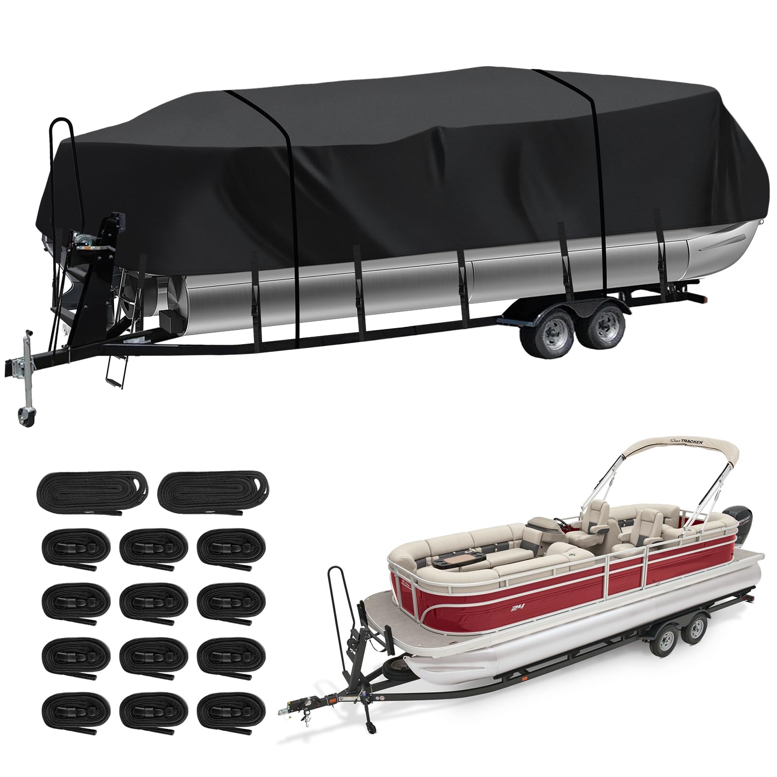 Heavy Duty Trailerable Pontoon Boat Cover 24'3''-26'2'' - Marine Grade Waterproof Cover with Adjustable Windproof Straps & UV Protection for SunTracker Party Barge/SPORTFISH/Fishin Barge - Perfect for Outdoor Storage & Boat Protection