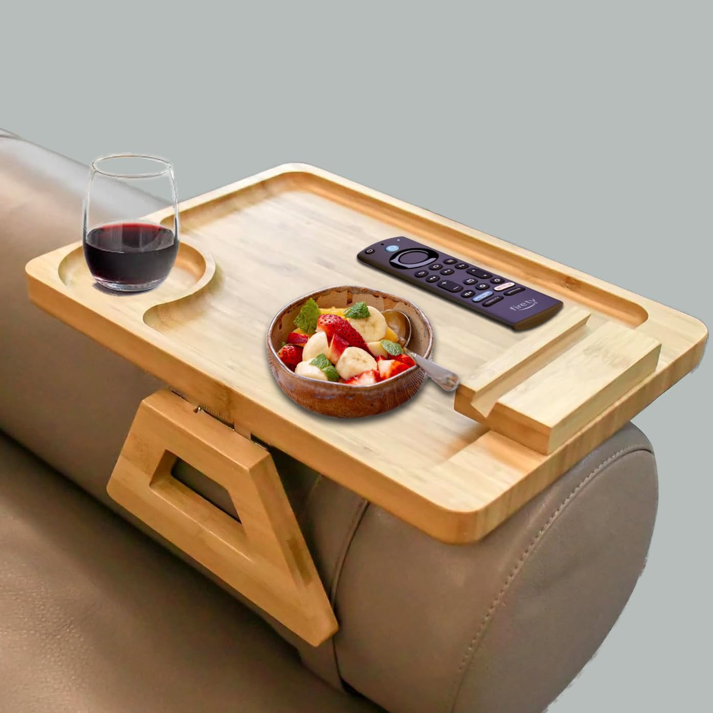 360° Rotating Bamboo Sofa Armrest Tray - Foldable Clip-On Side Table for Wide Couches with Phone Holder (Natural, 15.8 Inch) - Perfect for Living Room Snacking, Laptop Work & Movie Nights