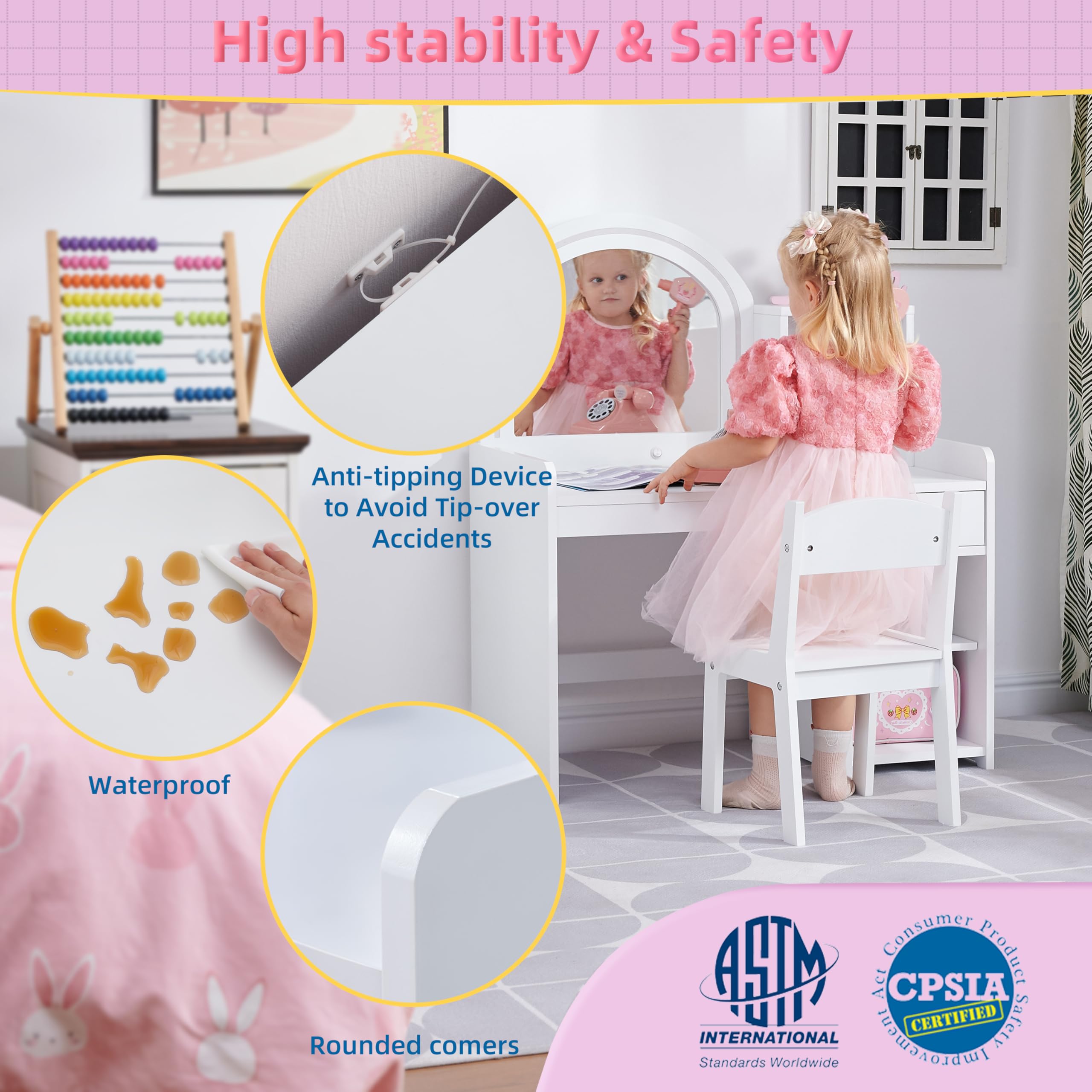 **Princess Vanity Set for Girls with Lights & Storage - 2-in-1 Toddler Makeup Vanity with Lighted Mirror, Drawer & Stool - Perfect for Kids' Room Decor & Pretend Play (White)**