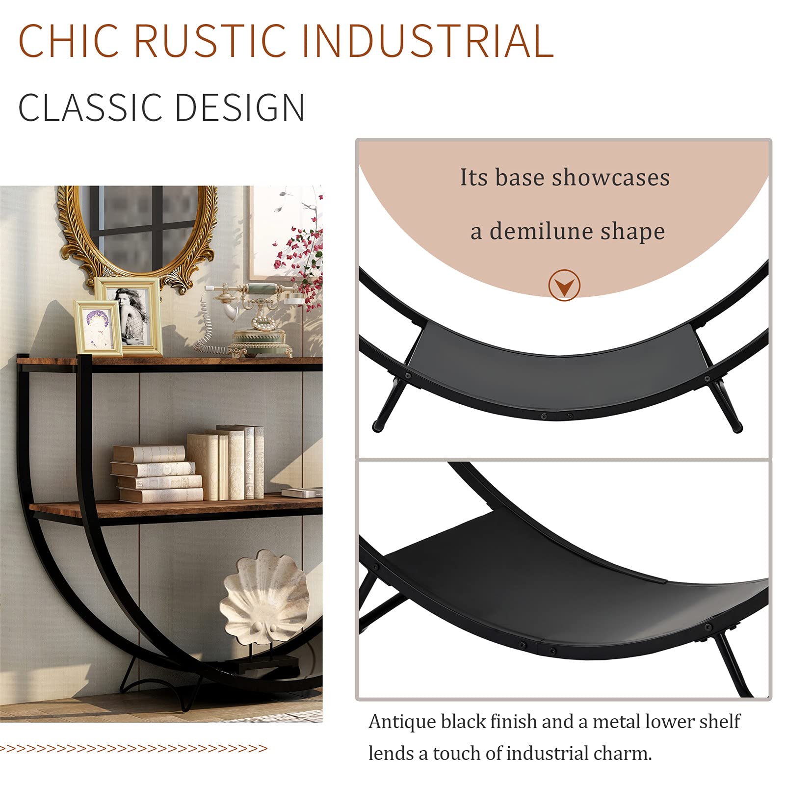 Henf Rustic Industrial U-Shape Console Table with 3 Shelves - Narrow Sofa Table for Entryway, Living Room, Bedroom & Corridor | Perfect for Small Spaces & Home Decor (Rustic Brown)