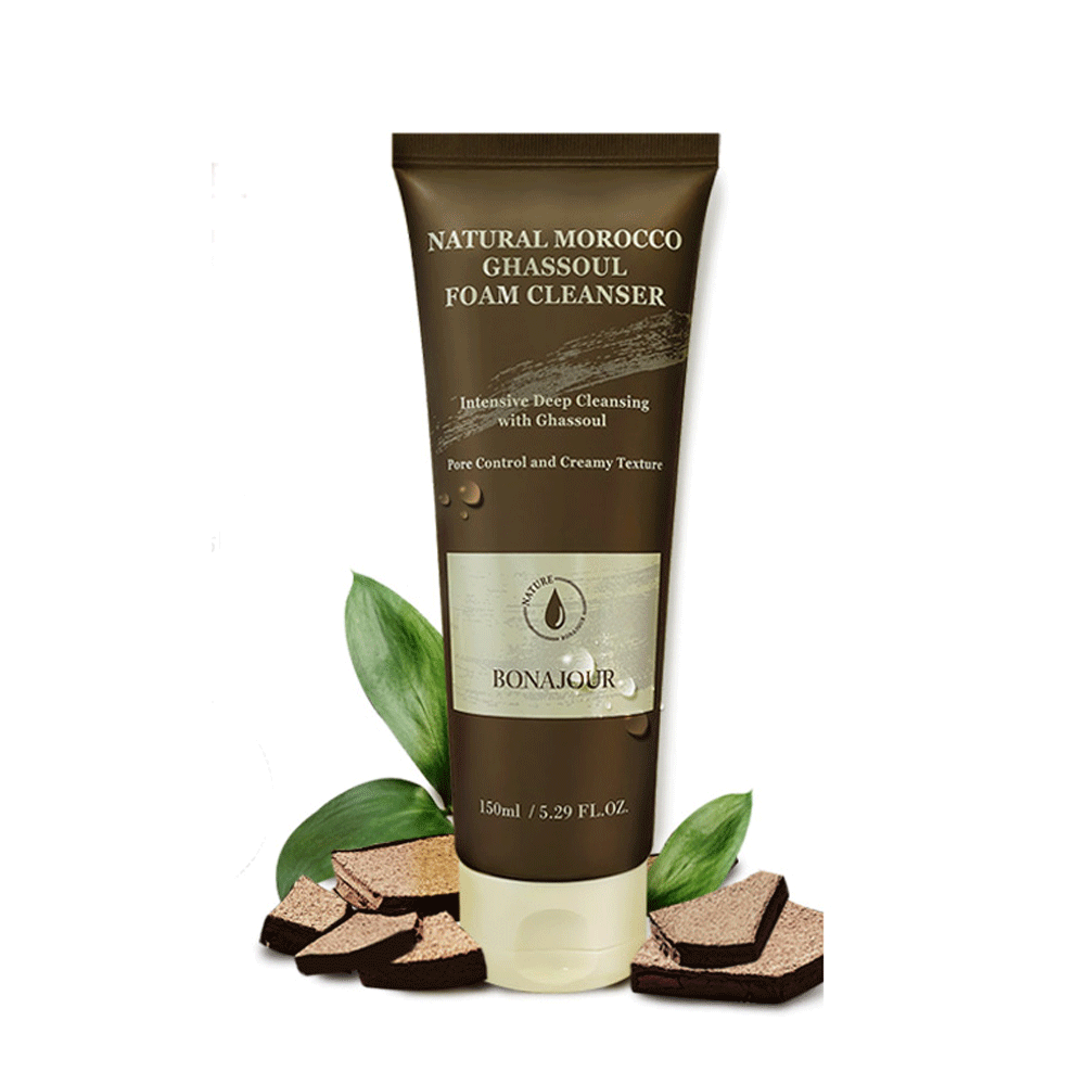 BONAJOUR Natural Morocco Ghassoul Foam Cleanser 150ml - Gentle Clay Facial Cleanser for Acne & Oily Skin - Perfect for Daily Skincare & Makeup Removal