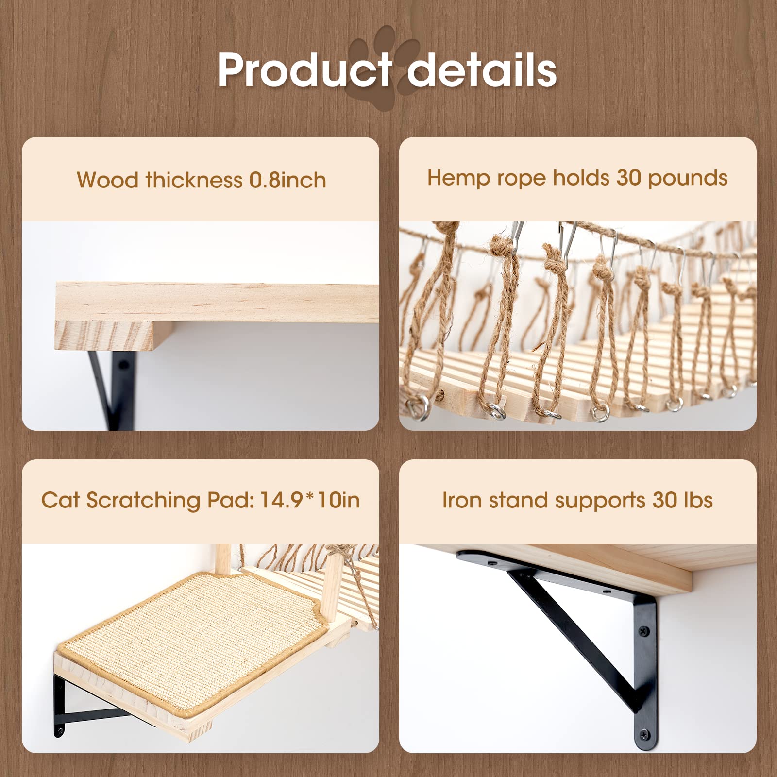 **Wall-Mounted Cat Rope Bridge & Shelves - Wooden Cat Wall Furniture for Indoor Cats, Climbing, Sleeping & Play - Includes Sisal Scratch Mat - Perfect for Small Spaces & Cat Enrichment**